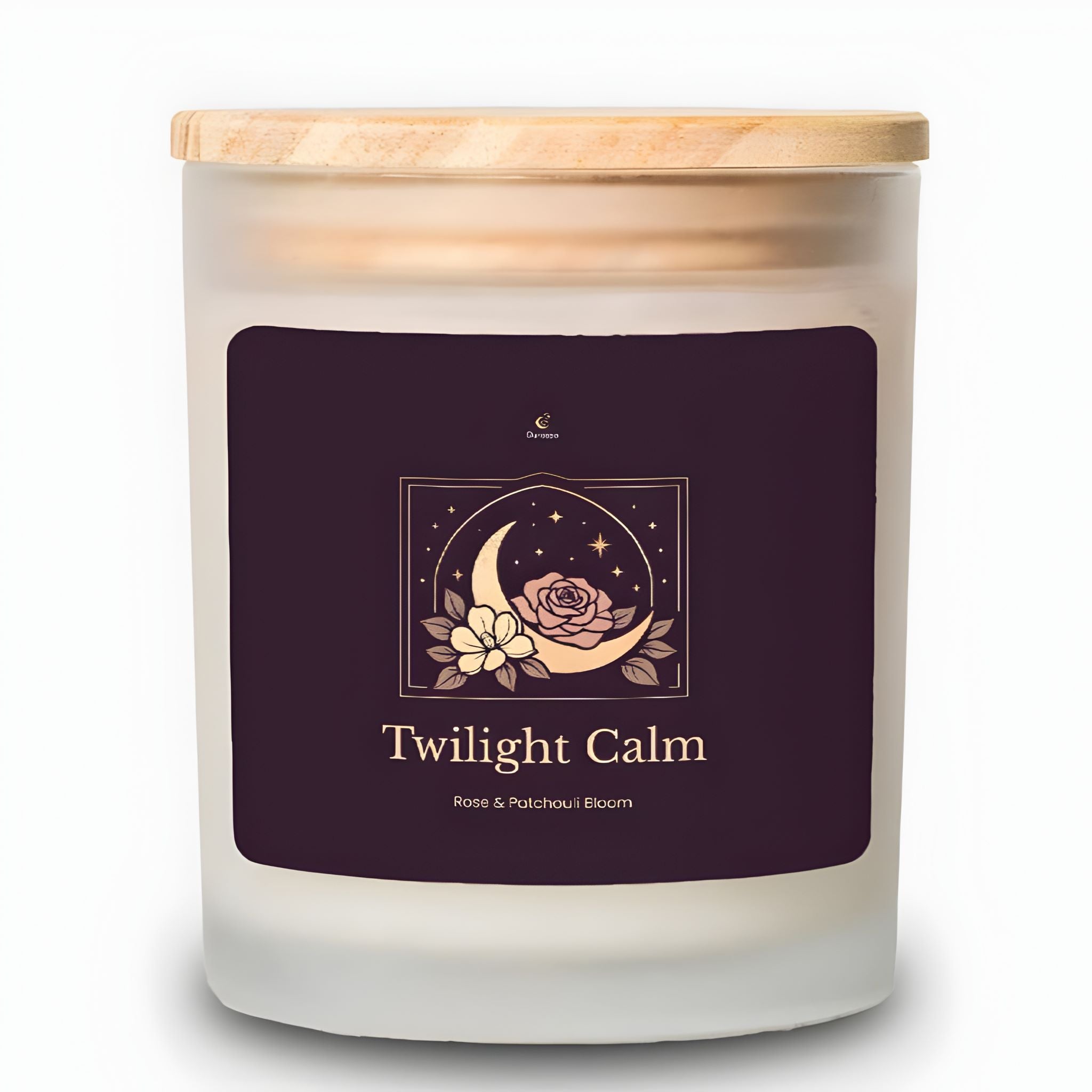 Rose patchouli scented candle with a wood wick in a frosted glass jar.