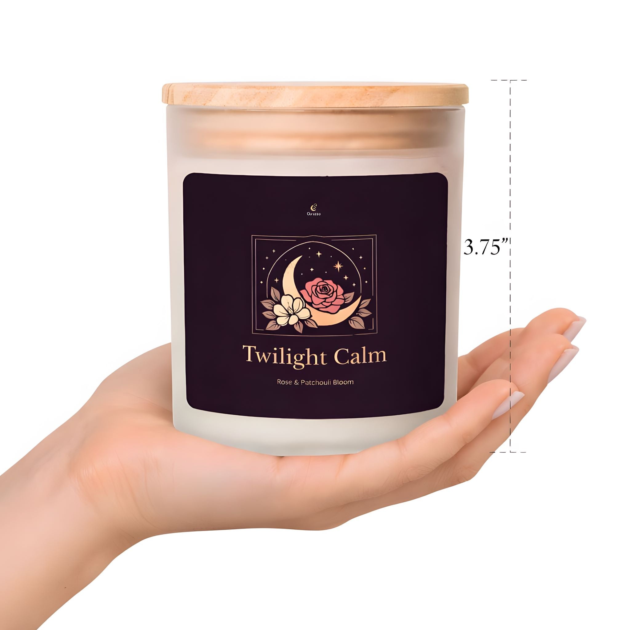 Rose patchouli candle candle labeled 'Twilight Calm' held in a hand with dimensions indicated.