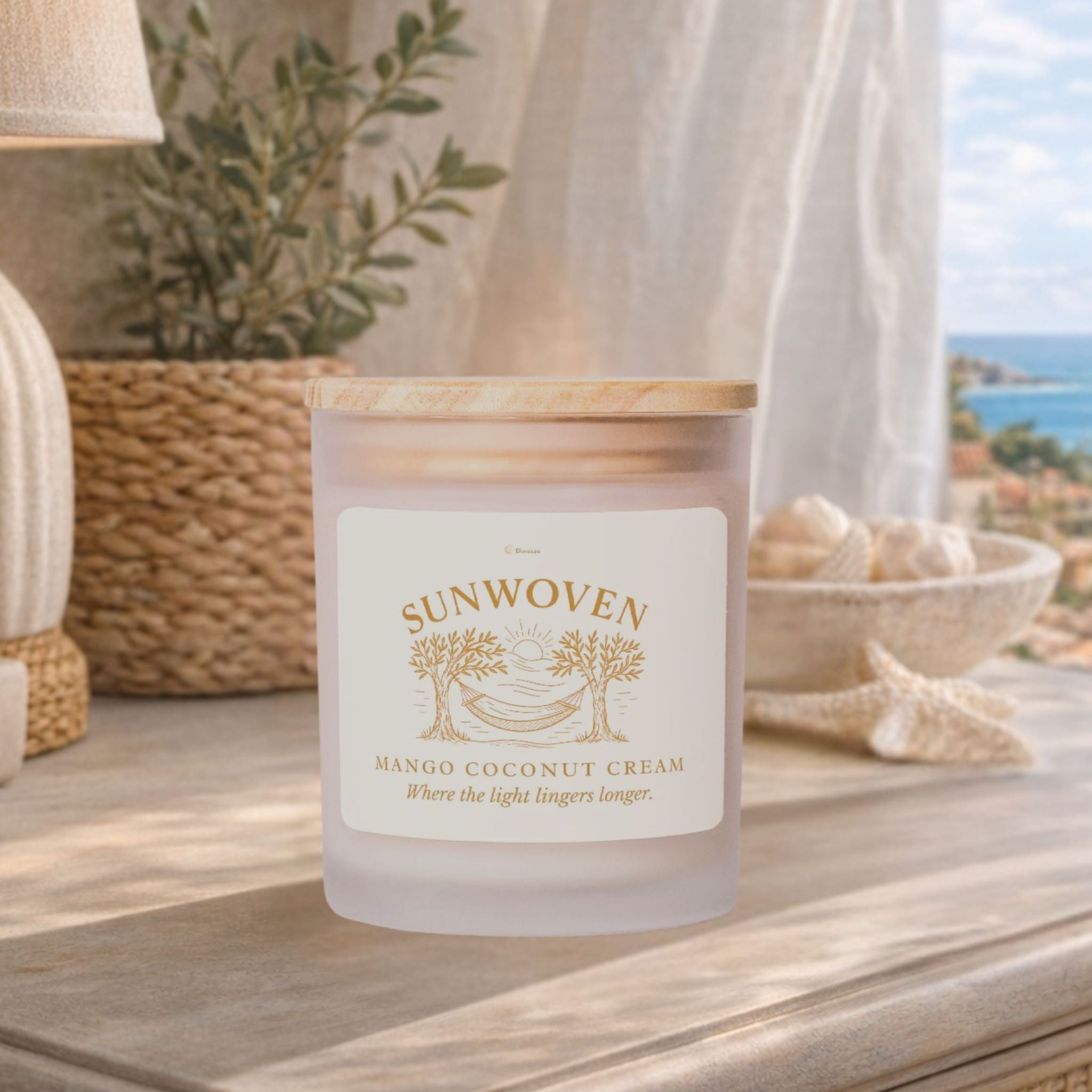 Mediterranean living room with a mango coconut cream scented candle.