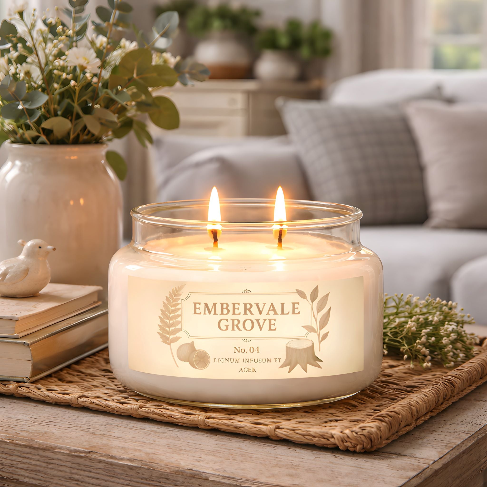 Double wick candle with an earthy amber mosswood scent on a woven mat with a cozy living room cottage scene.