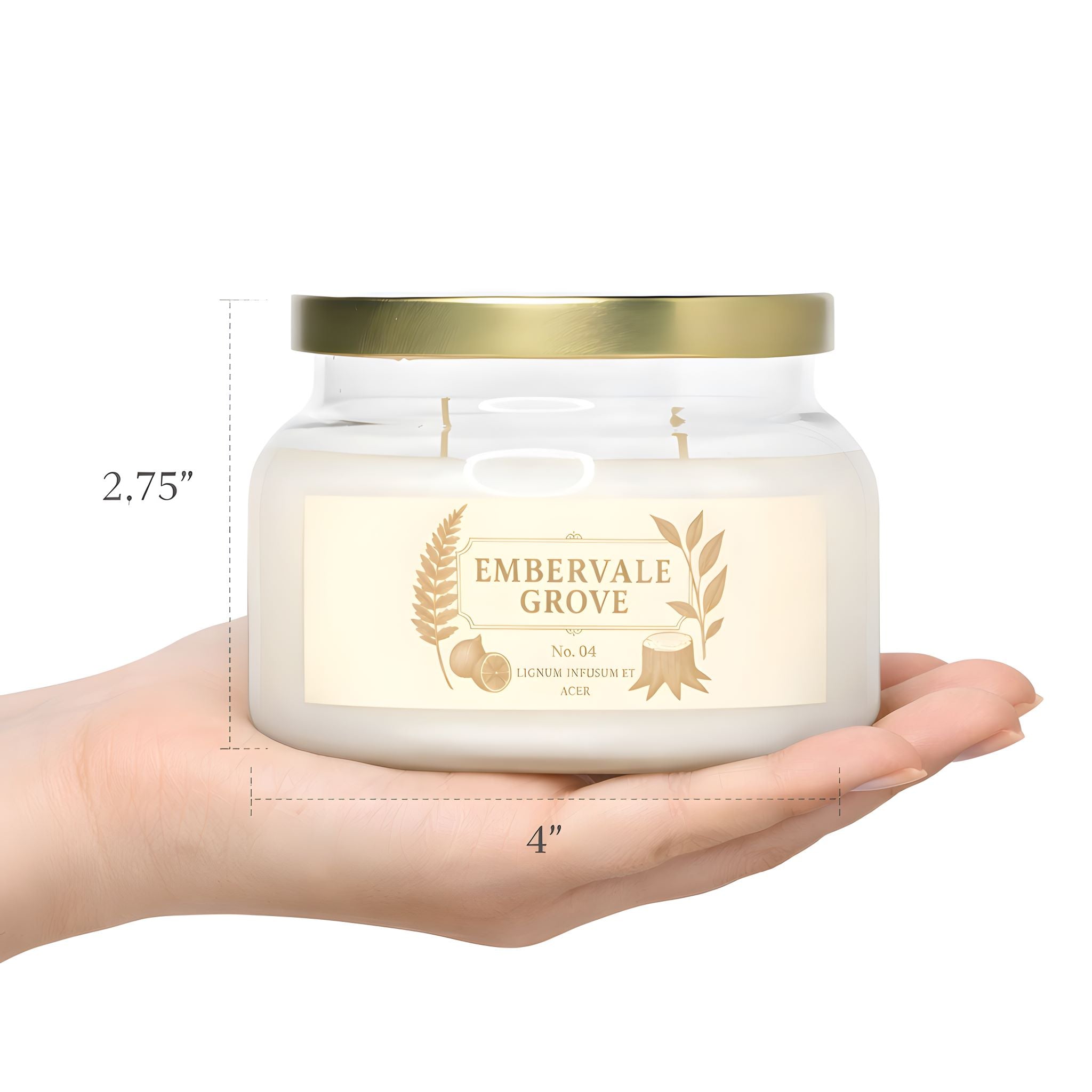Apothecary jar in a persons hand showing actual amber scented candle size.