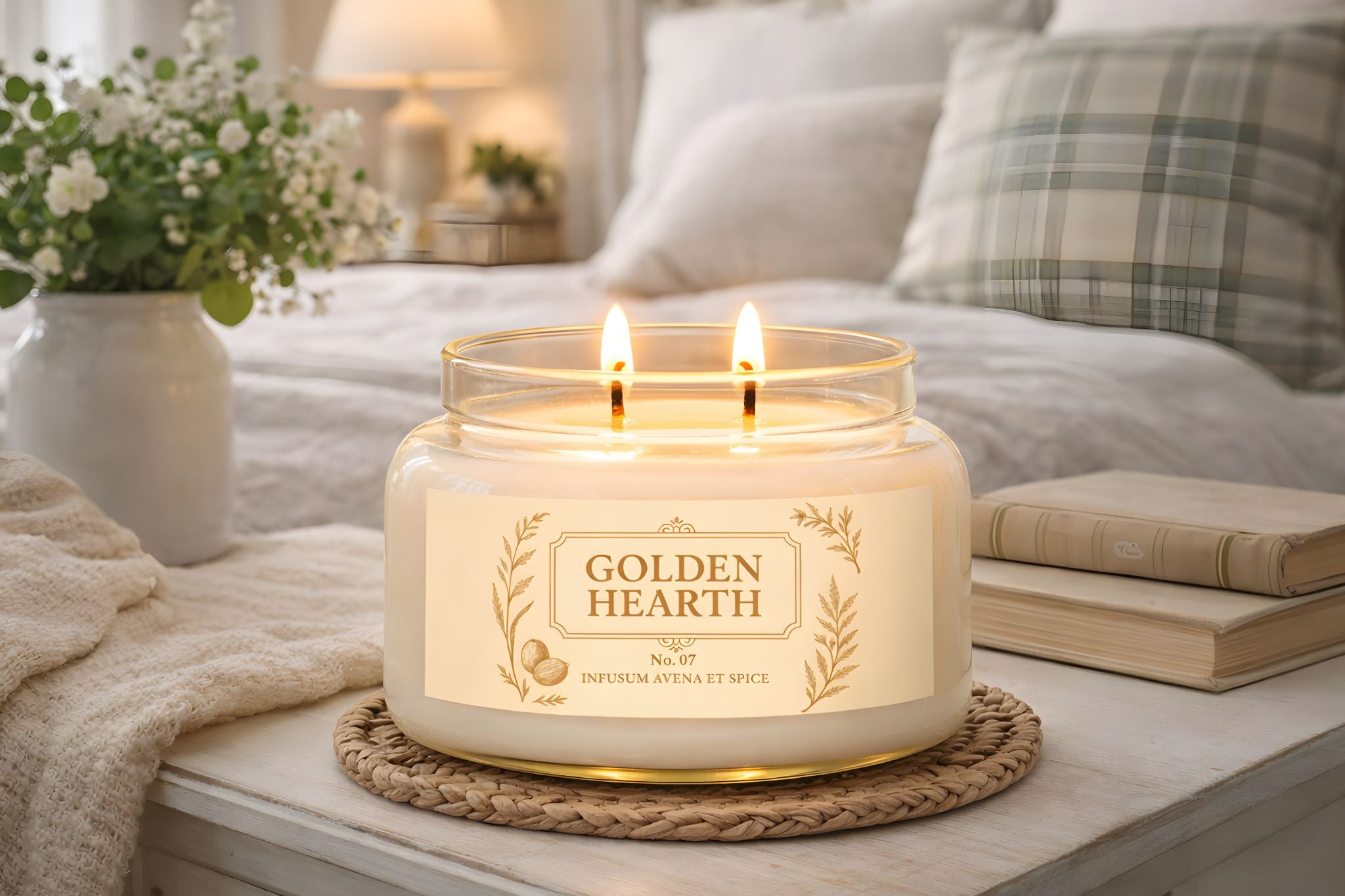 An oat milk and brown sugar scented candle on a white wood table in a cottage styled bedroom.