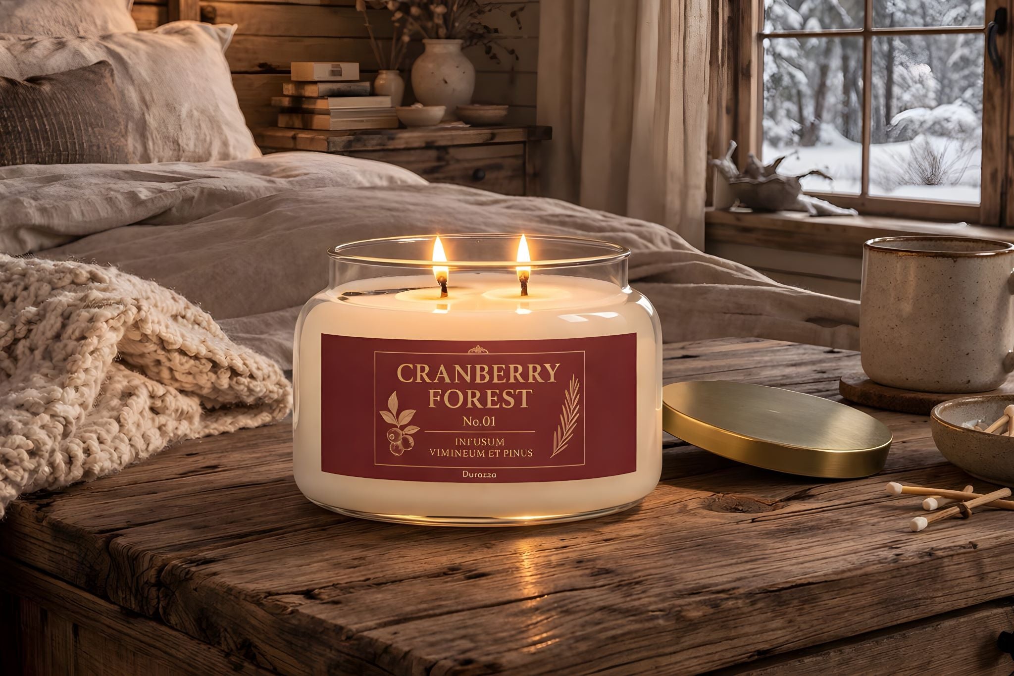 A double wick cranberry pine candle in a cozy winter bedroom.