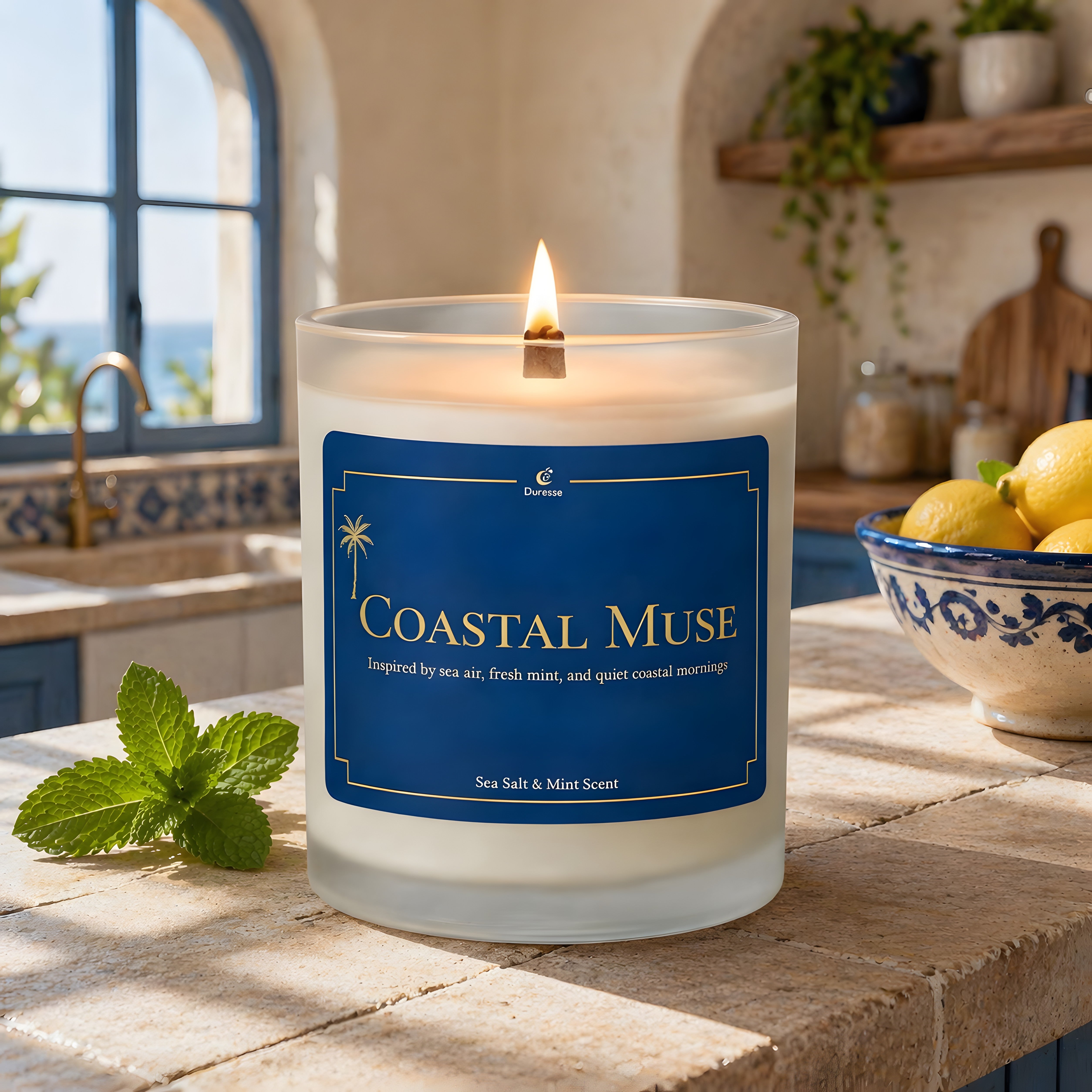 A meditterranean kitchen counter with a sea salt and mint scented candle sitting on it.