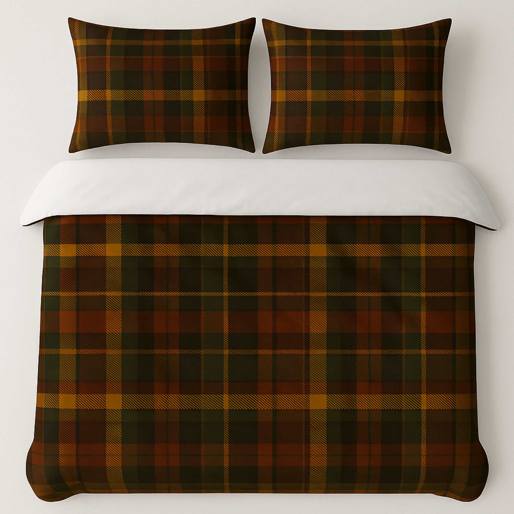 Plaid bedding set with matching pillows on a white background