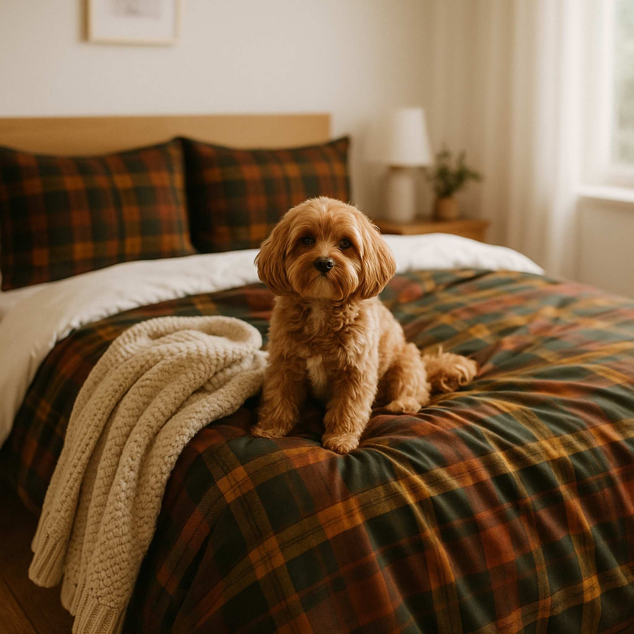 Small brown dog sitting on a bed with plaid bedding and a knitted blanket.