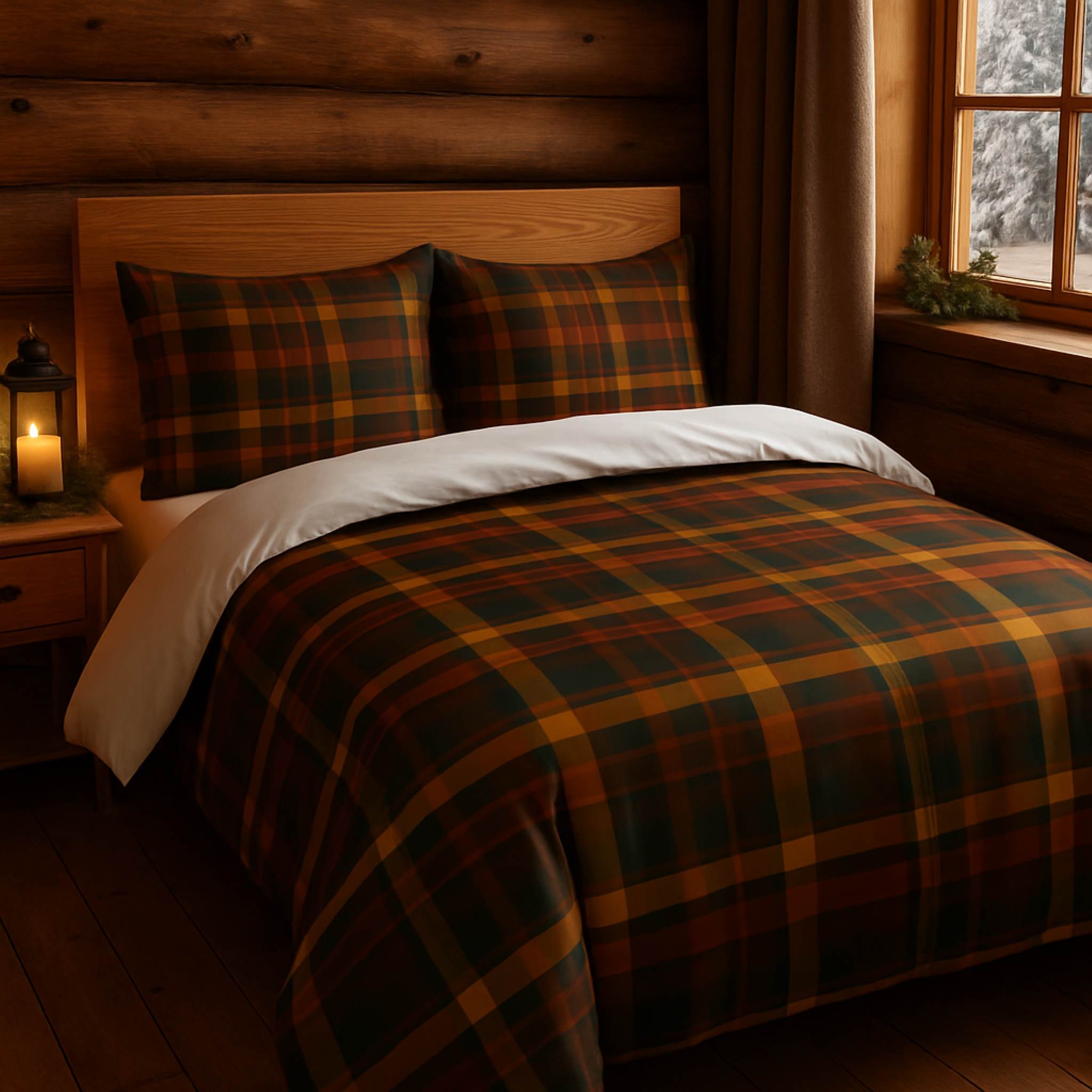 Bed with plaid bedding in a cozy bedroom setting