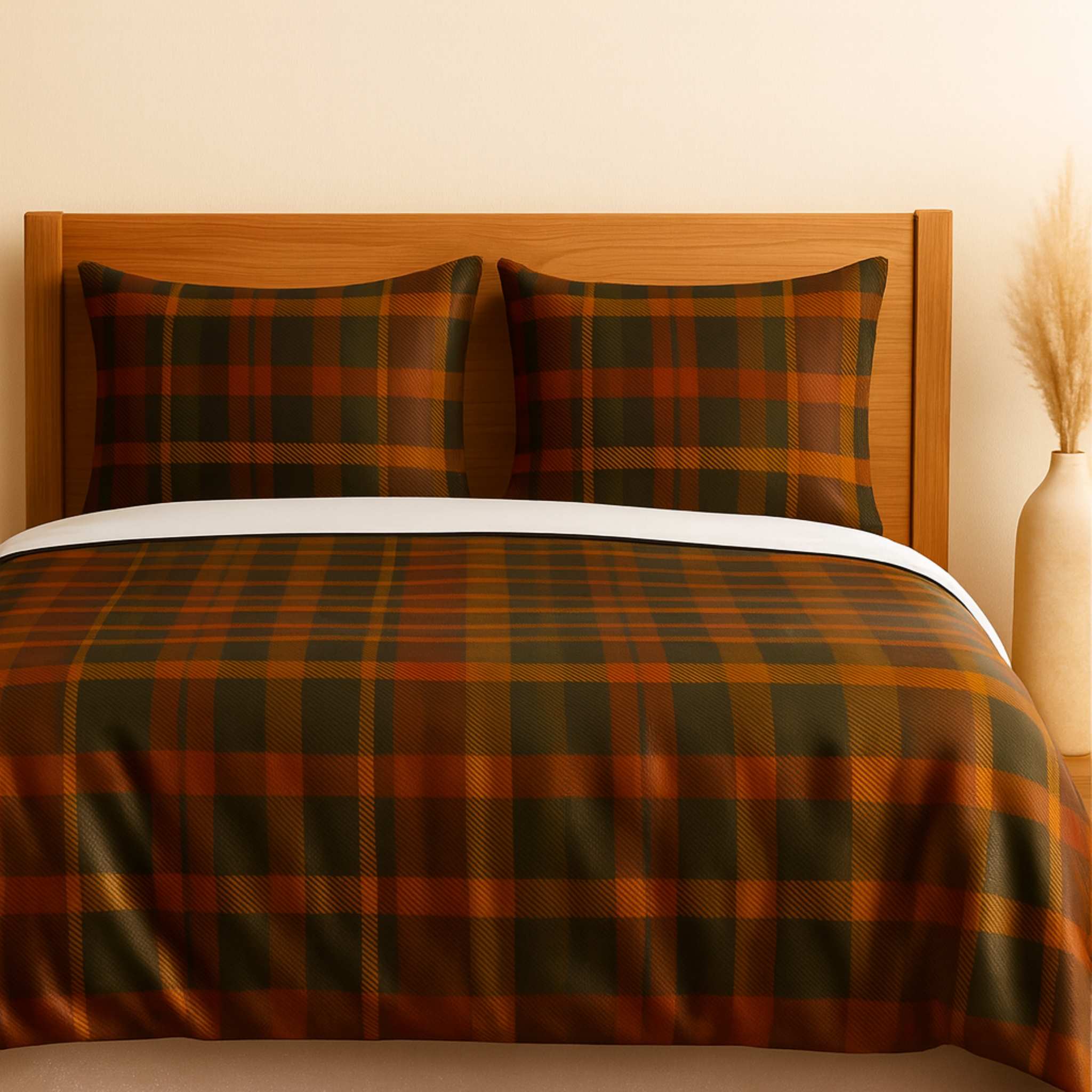 Plaid bedspread with matching pillows on a wooden bed frame.