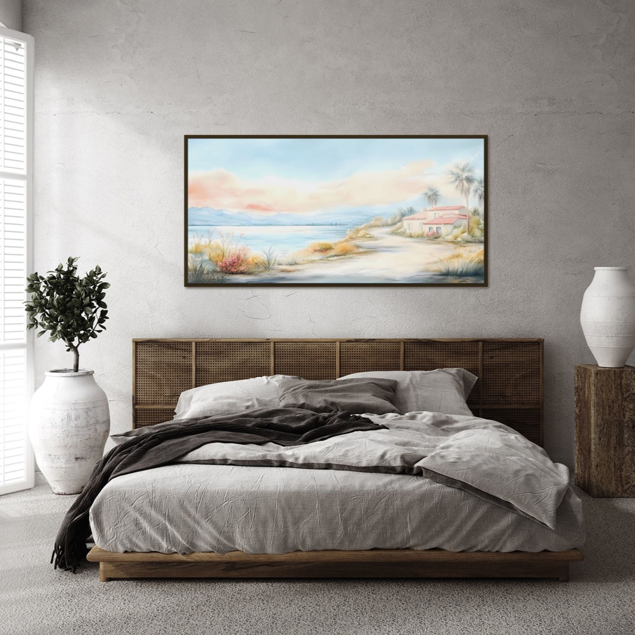 California Beach Haven Wall Art: Pastel Watercolor Painting