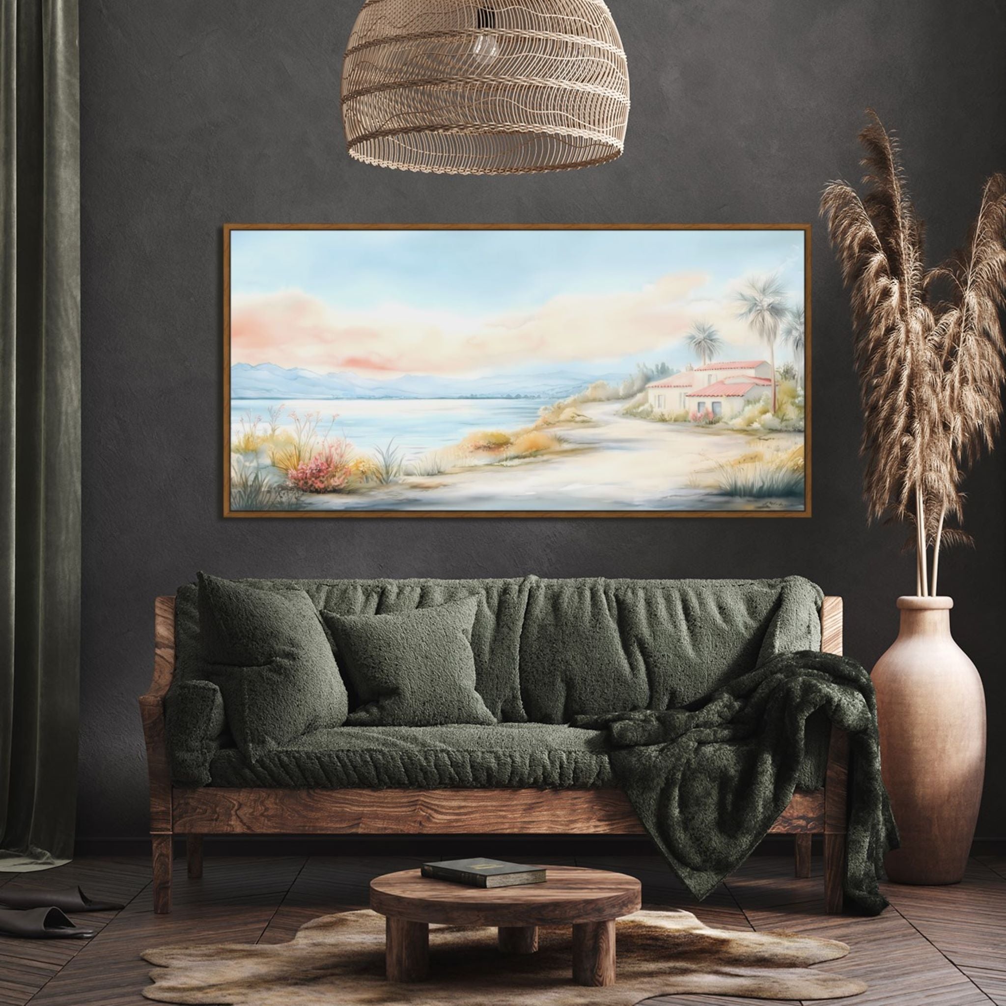 California Beach Haven Wall Art: Pastel Watercolor Painting