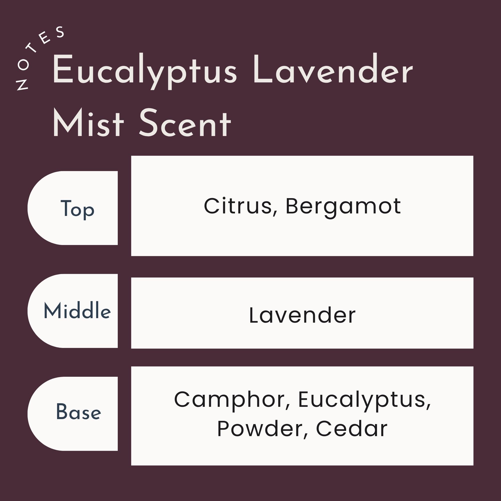 Scent profile of Eucalyptus Lavender Mist Candle with top, middle, and base notes on a dark background.