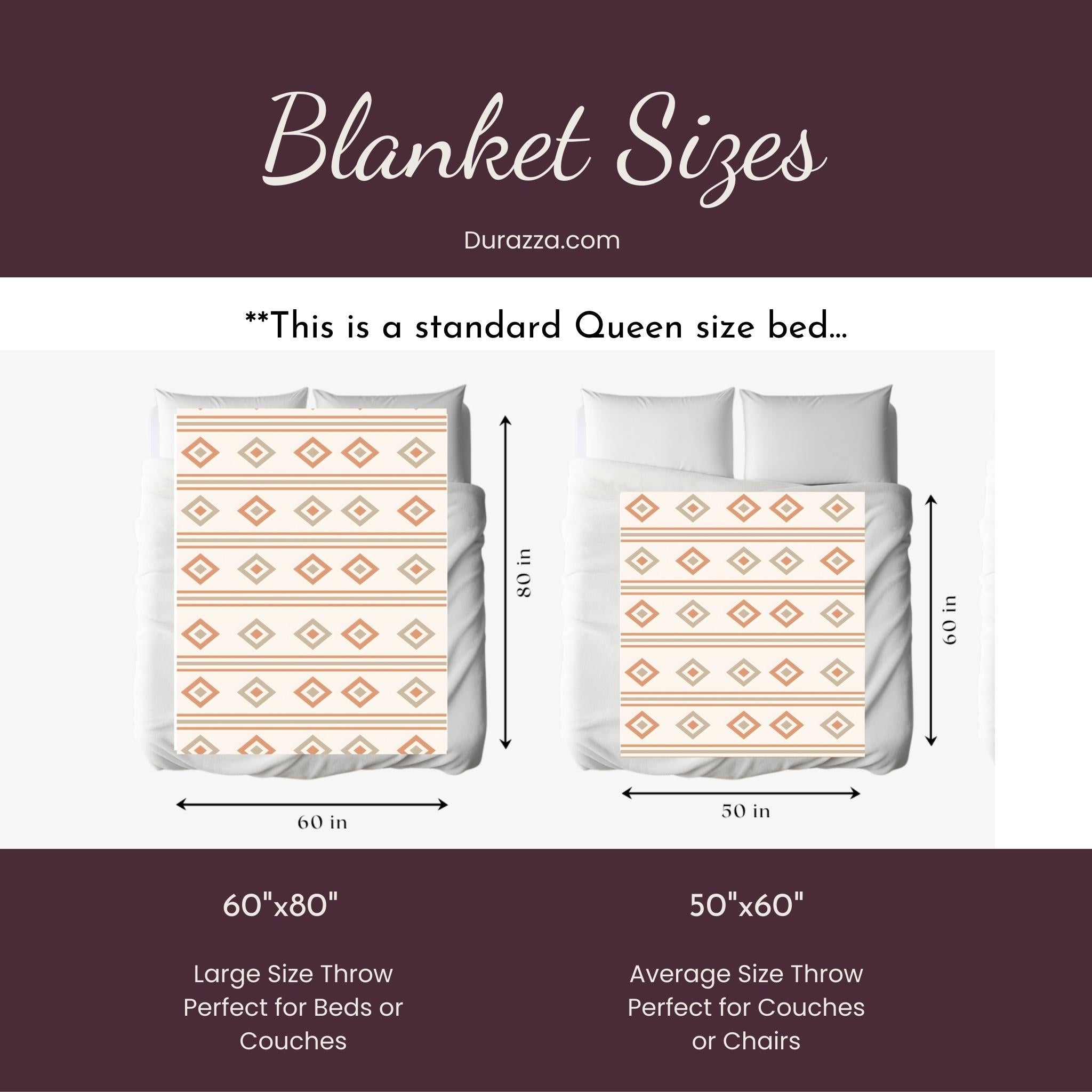 Measurement chart for blanket sizes with Durazza.com branding on a white background.