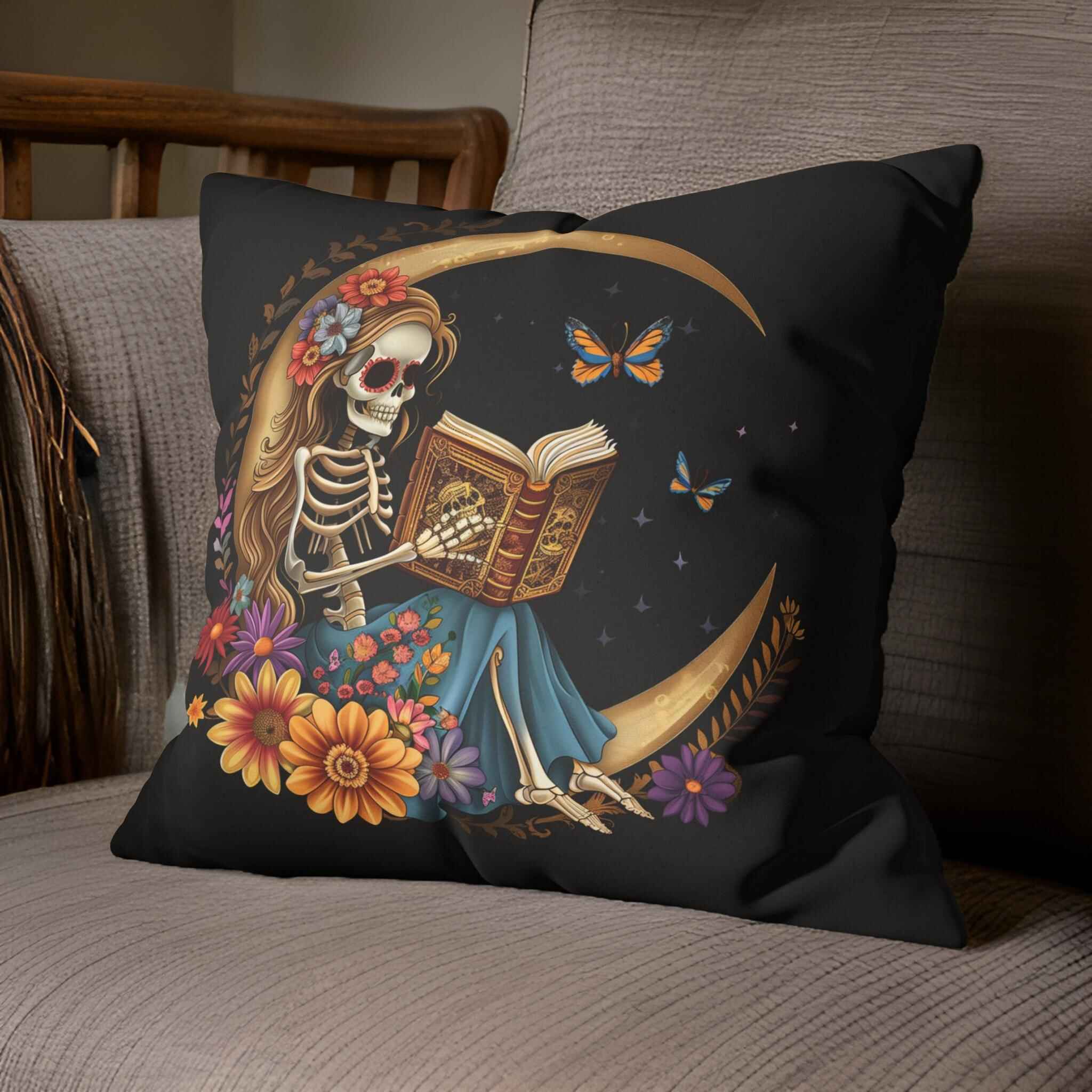 Skeleton Girl Pillow - Reading Nook Decor | Celestial Reads