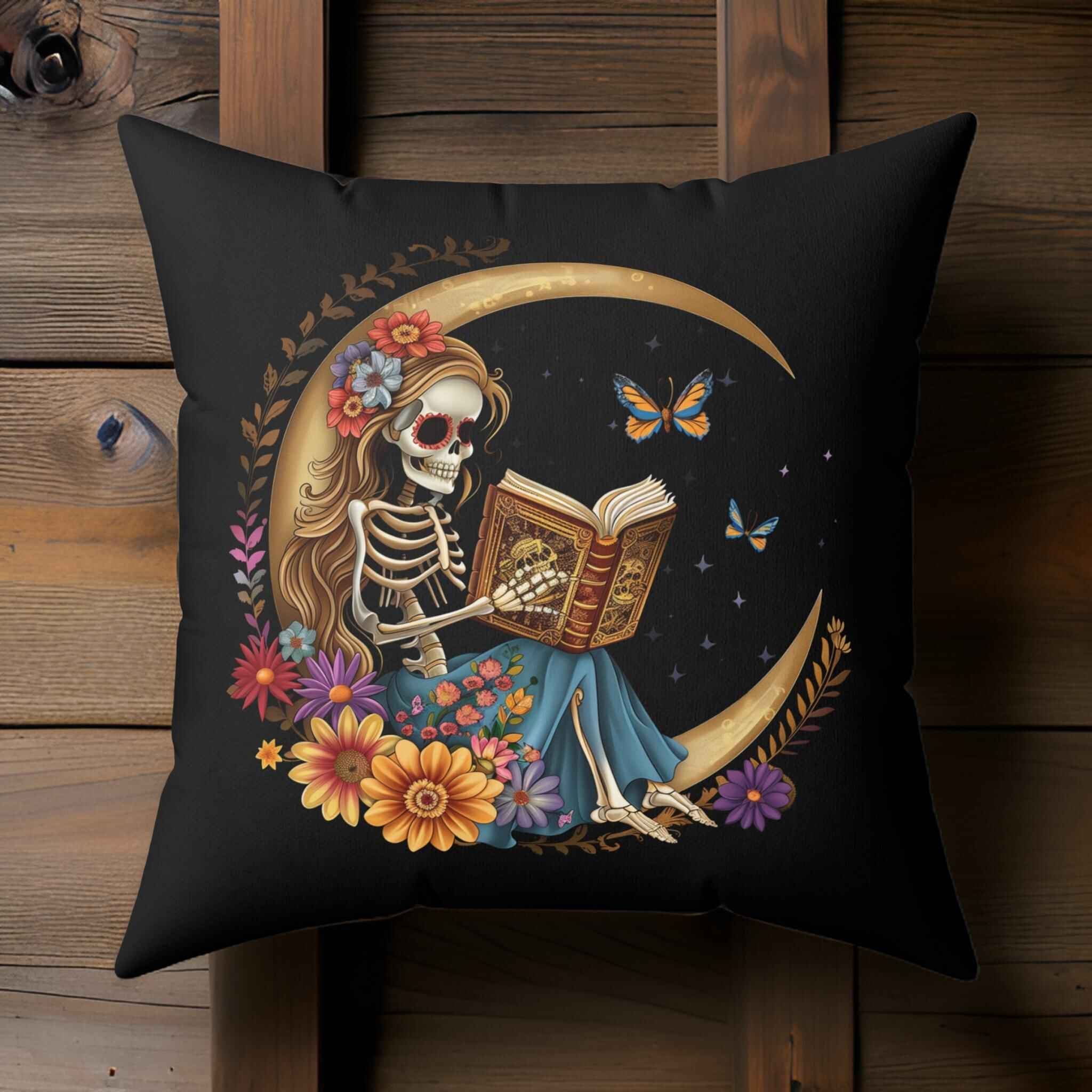 Skeleton Girl Pillow - Reading Nook Decor | Celestial Reads