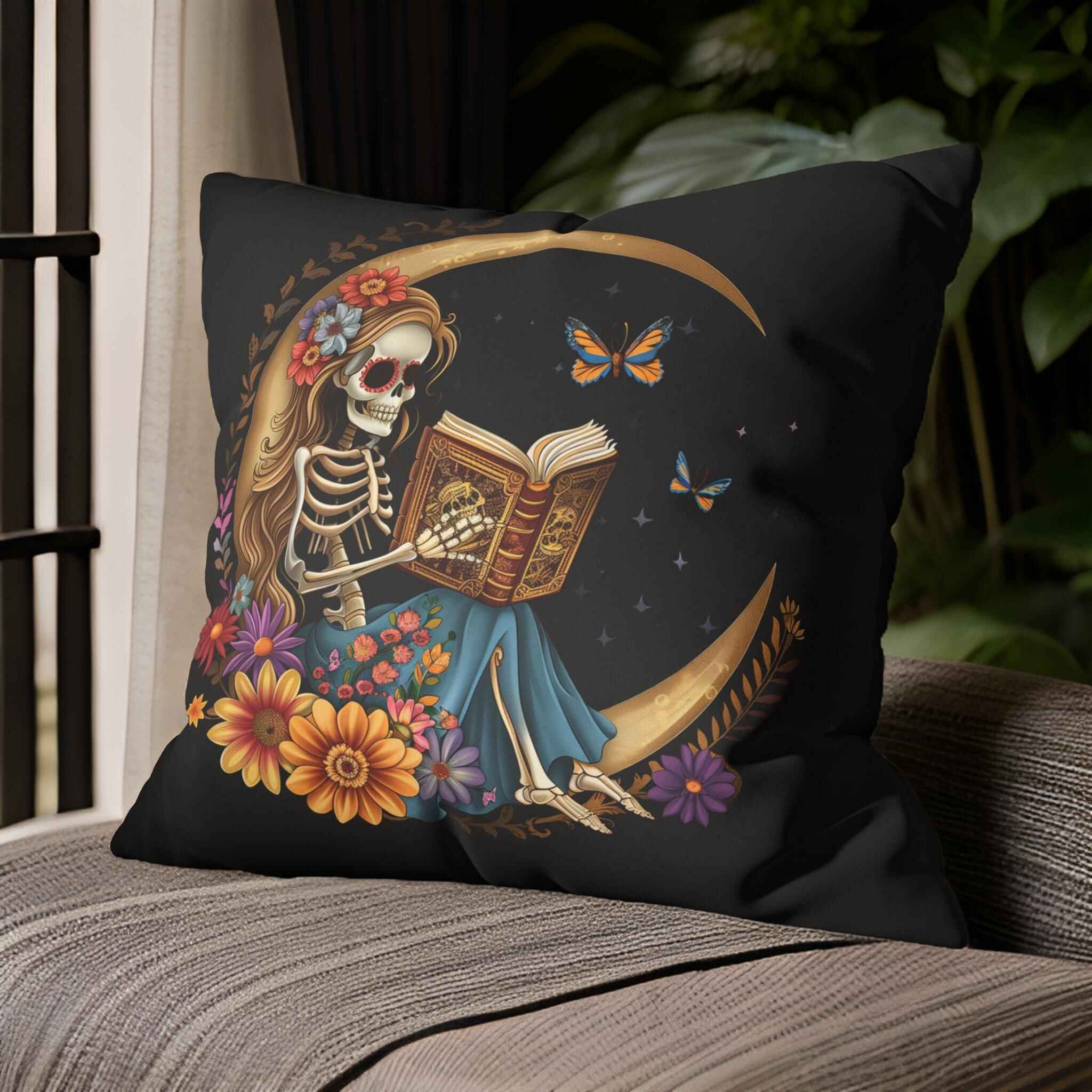 Skeleton Girl Pillow - Reading Nook Decor | Celestial Reads
