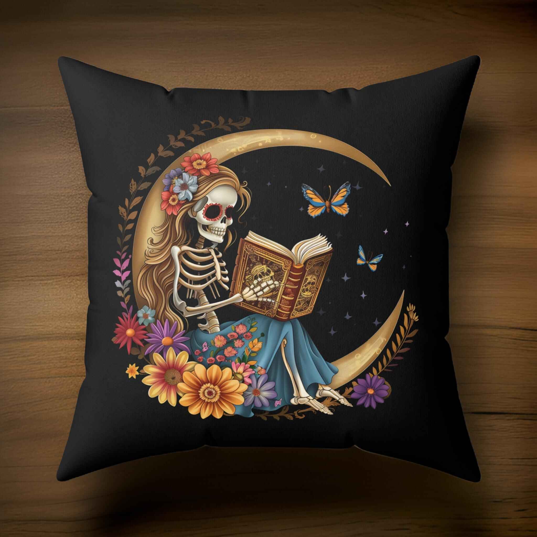 Skeleton Girl Pillow - Reading Nook Decor | Celestial Reads