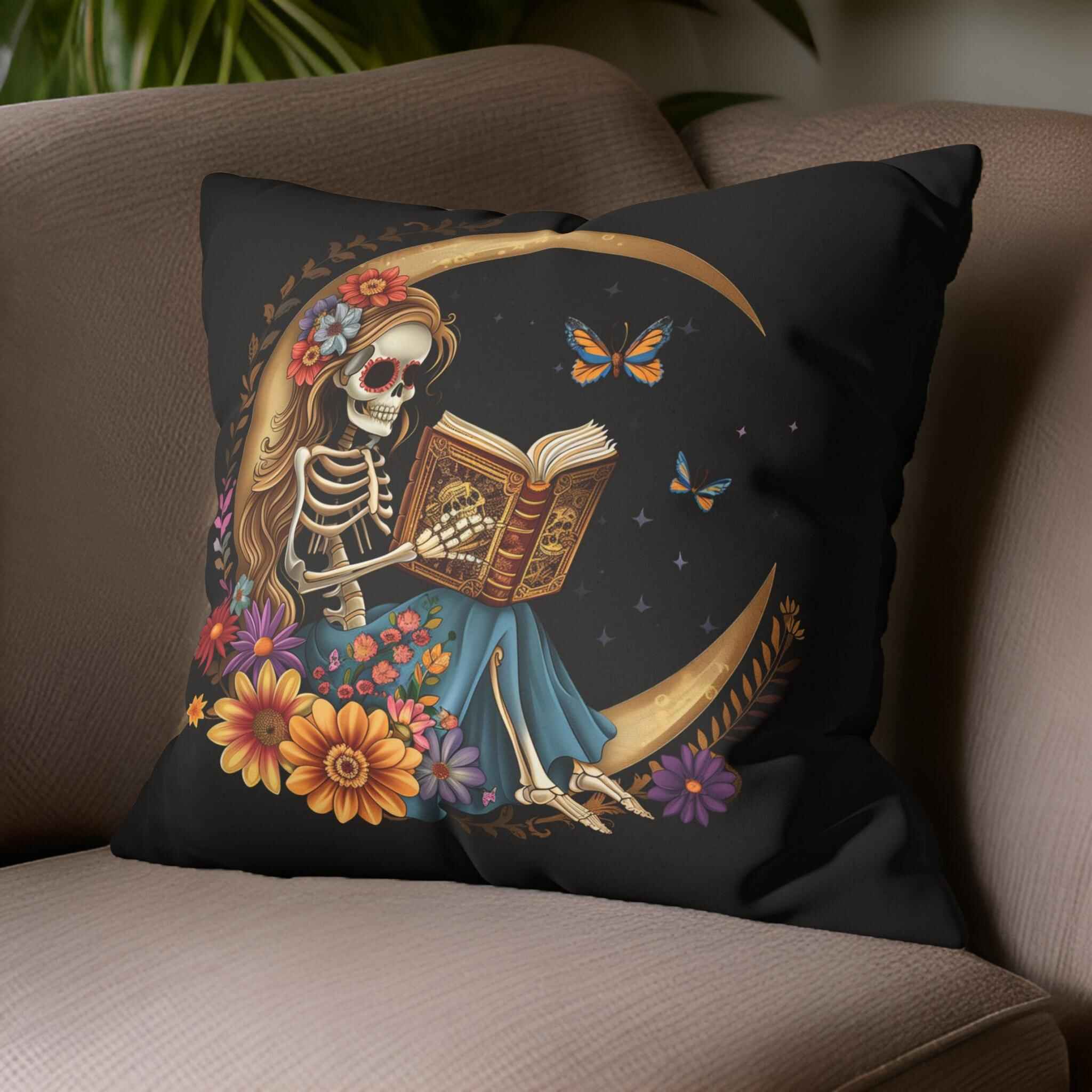 Skeleton Girl Pillow - Reading Nook Decor | Celestial Reads