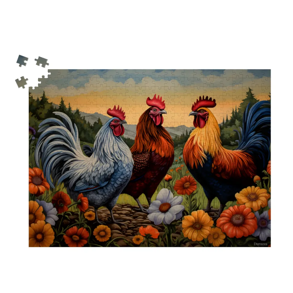 Cheerful Chicken Trio Wooden Jigsaw Puzzle: 500 or 1000 Piece