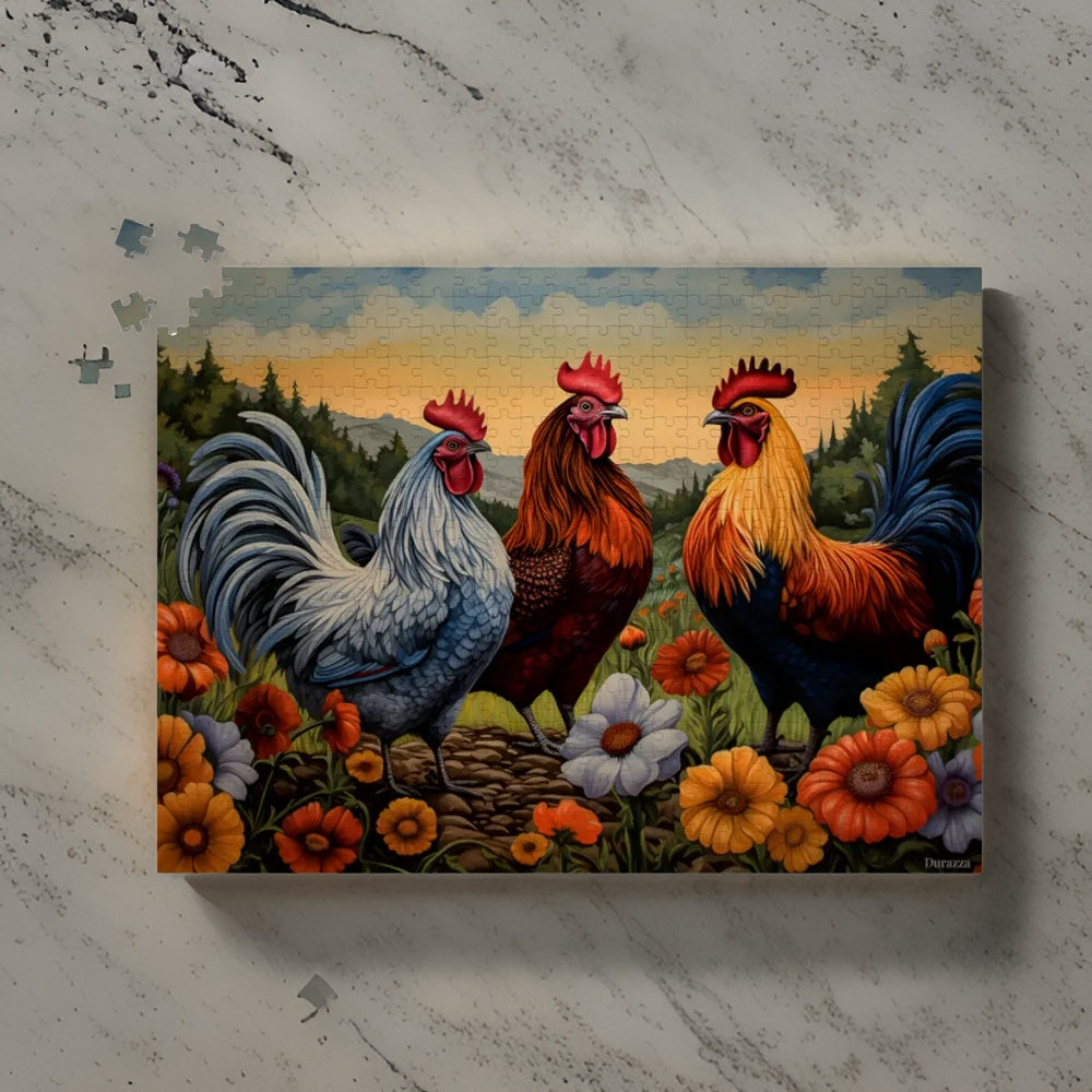 Cheerful Chicken Trio Wooden Jigsaw Puzzle: 500 or 1000 Piece