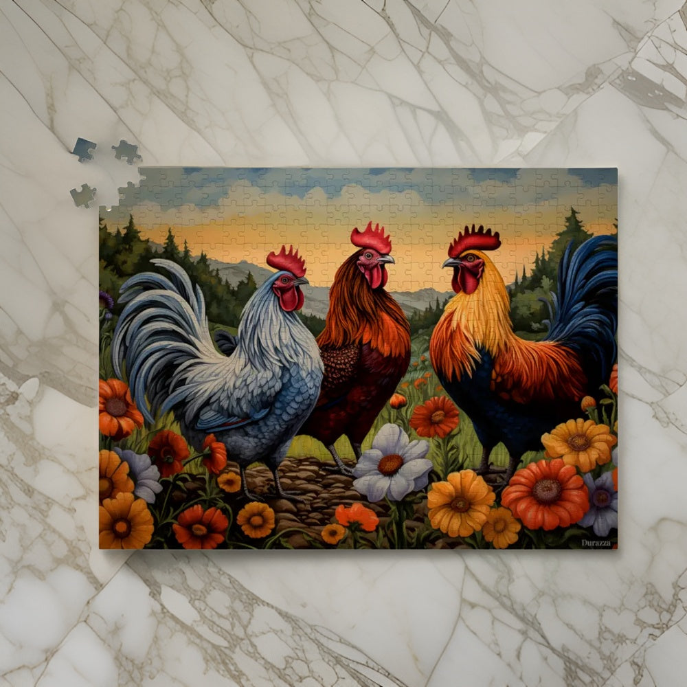 Cheerful Chicken Trio Wooden Jigsaw Puzzle: 500 or 1000 Piece