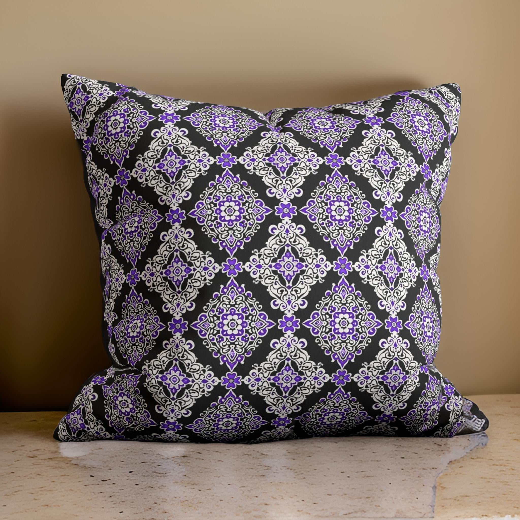 Purple and White Damask Faux Suede Throw Pillow: Midnight Majesty