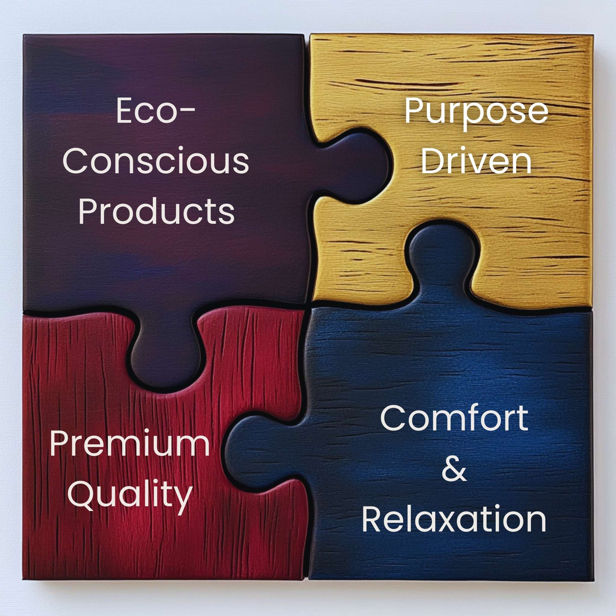 Four interlocking puzzle pieces, each representing one of our core business values: quality, sustainability, comfort, and purpose.