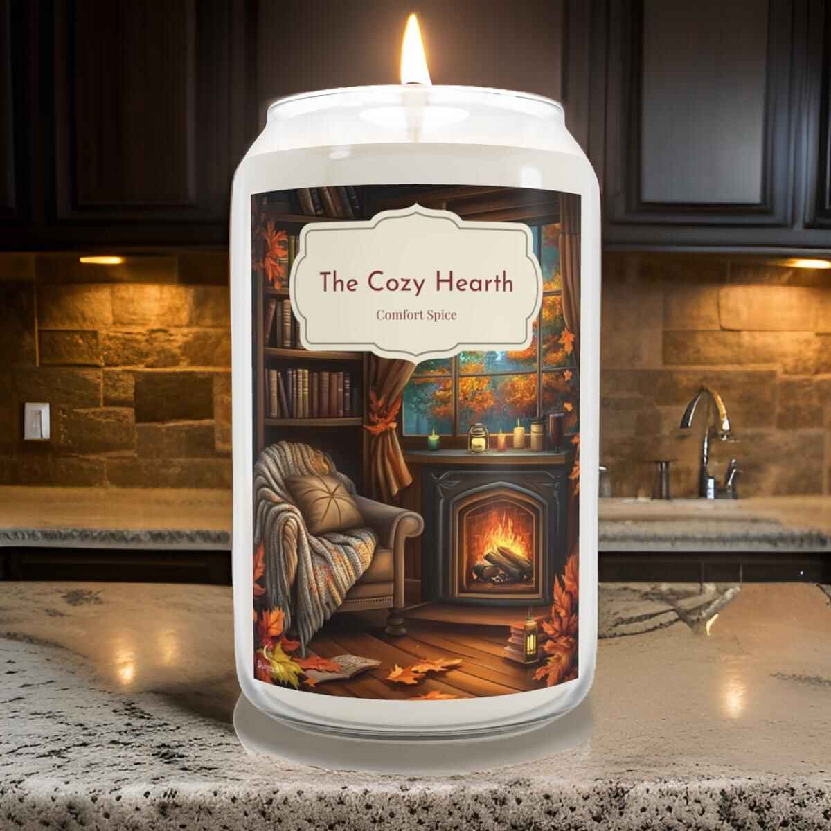 A lit cinnamon scented soy wax candle with a label reading 'The Cozy Hearth' on a kitchen countertop.