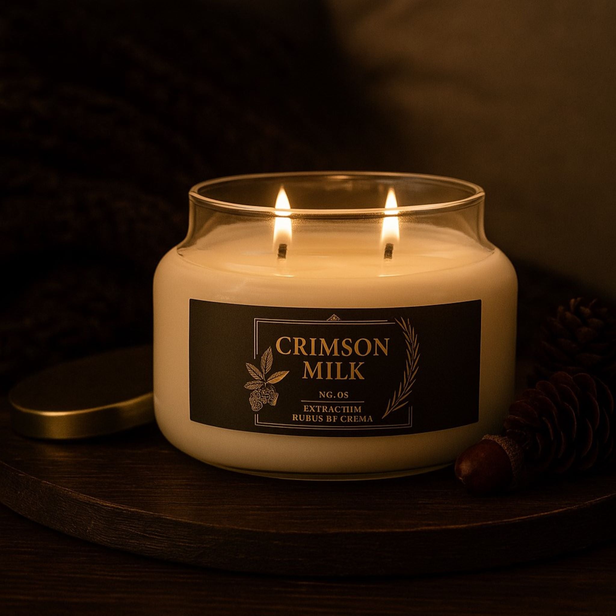 A fall scented candle labeled 'Crimson Milk' sitting on an Autumn wood table.