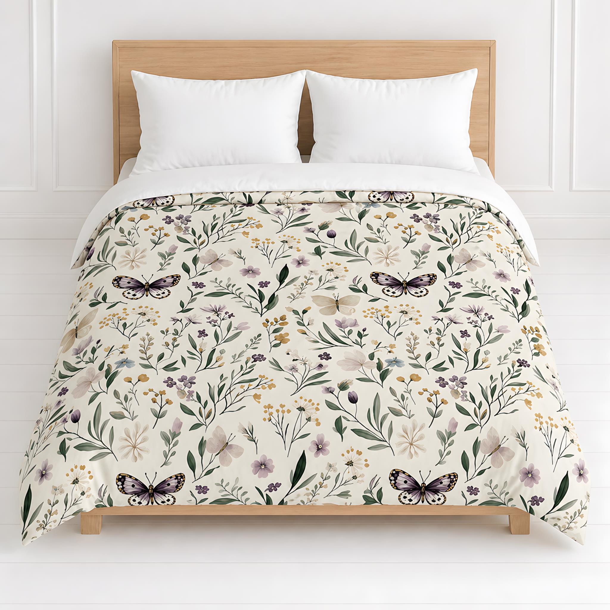 Floral and butterfly patterned comforter on a bed with white pillows and wooden headboard.