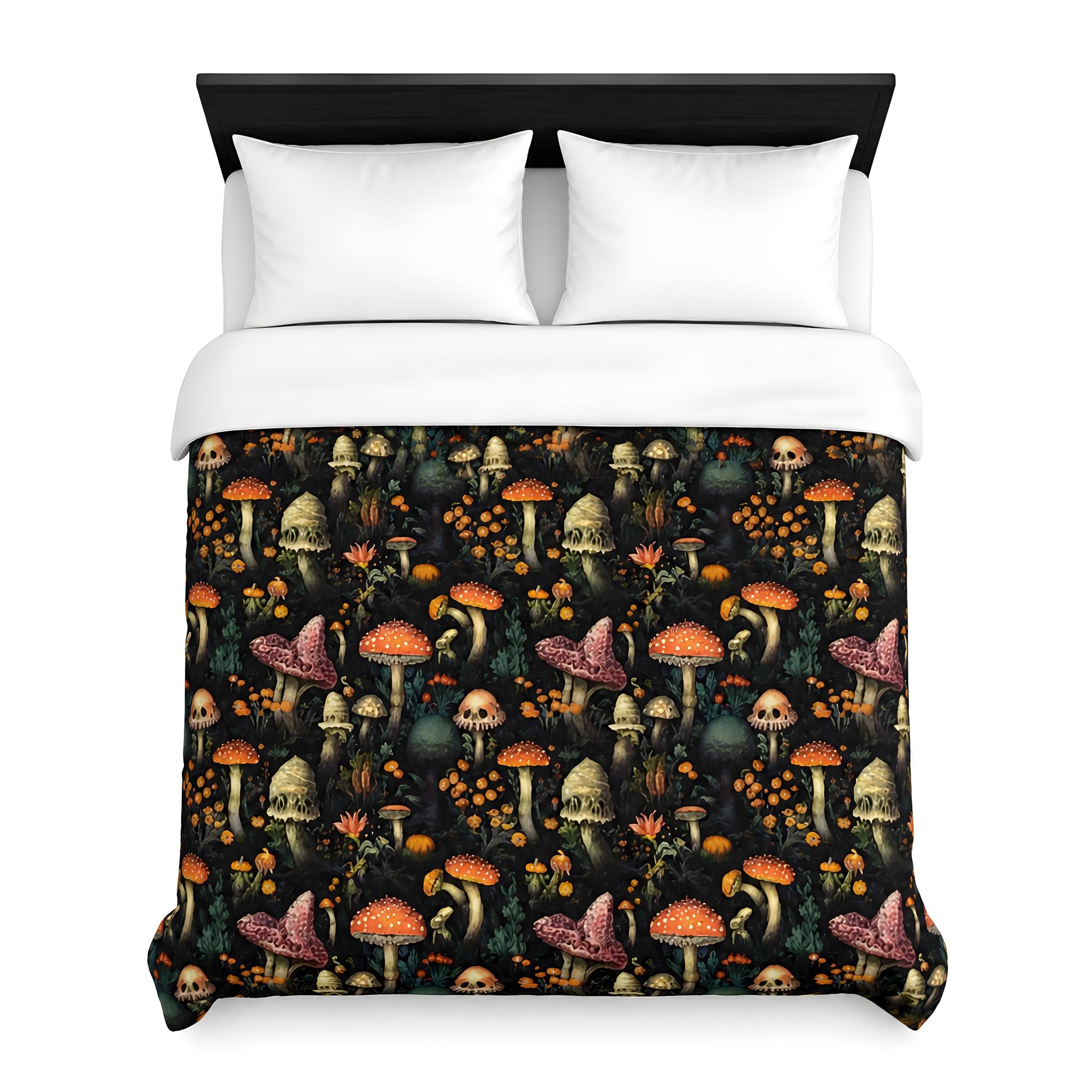 Moody botanical duvet cover with mushrooms, forest foliage, and black background