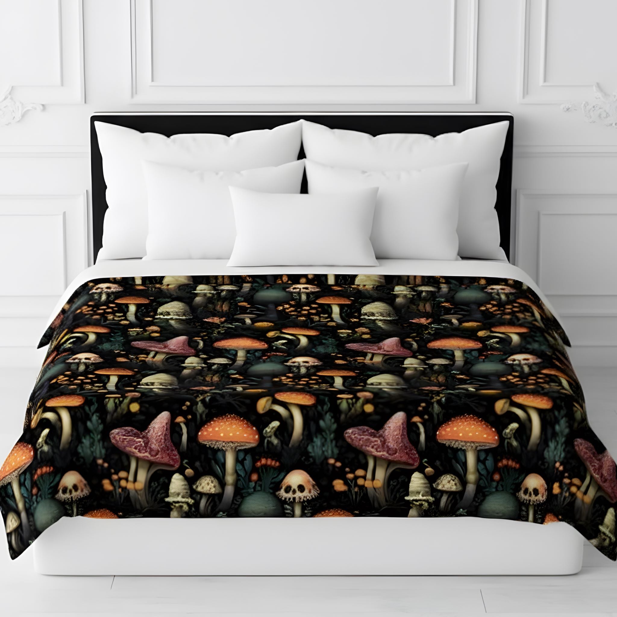 Mushroom duvet cover with moody botanical forest art on black cotton bedding