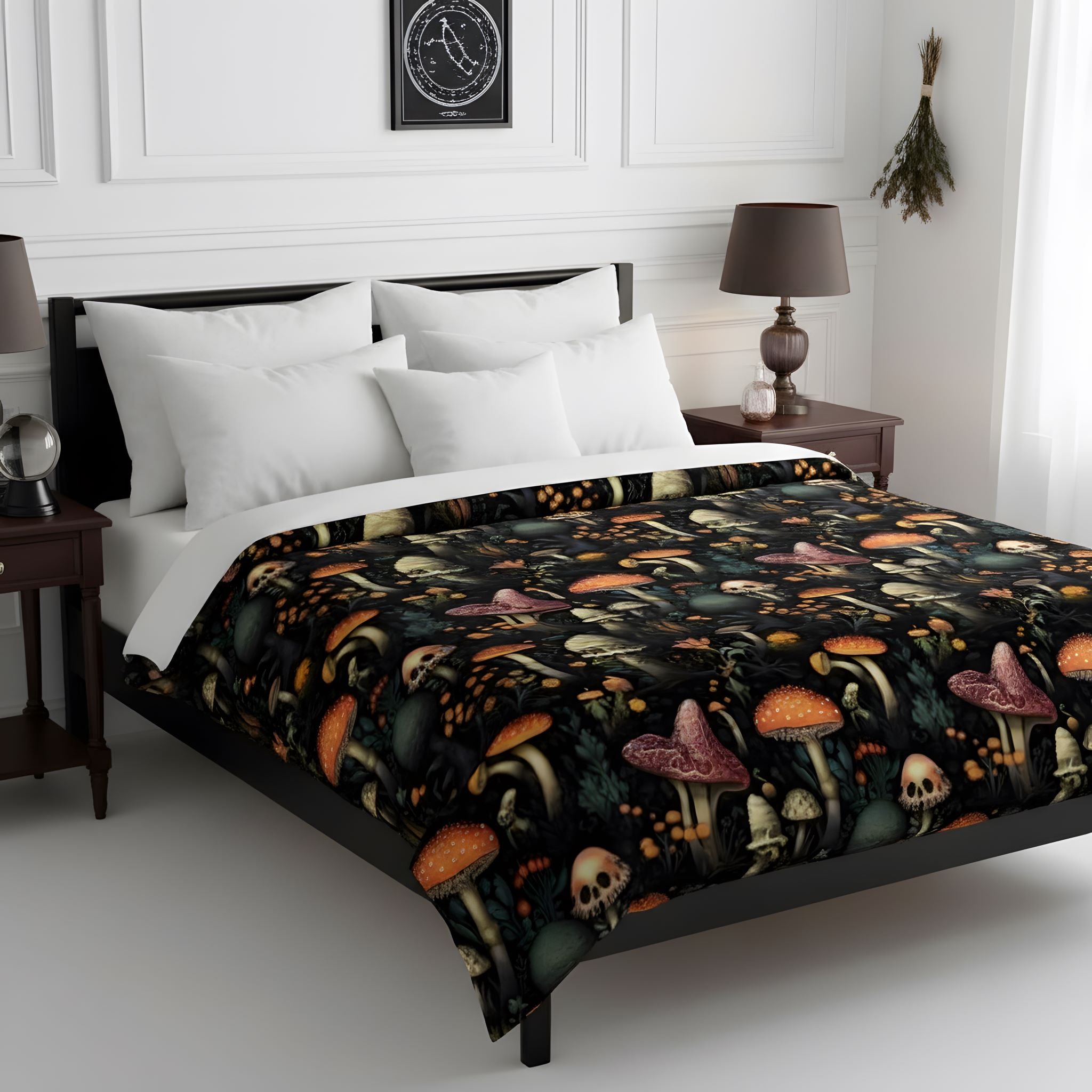 Woodland mushroom bedding with moody botanicals, orange fungi, and black duvet cover