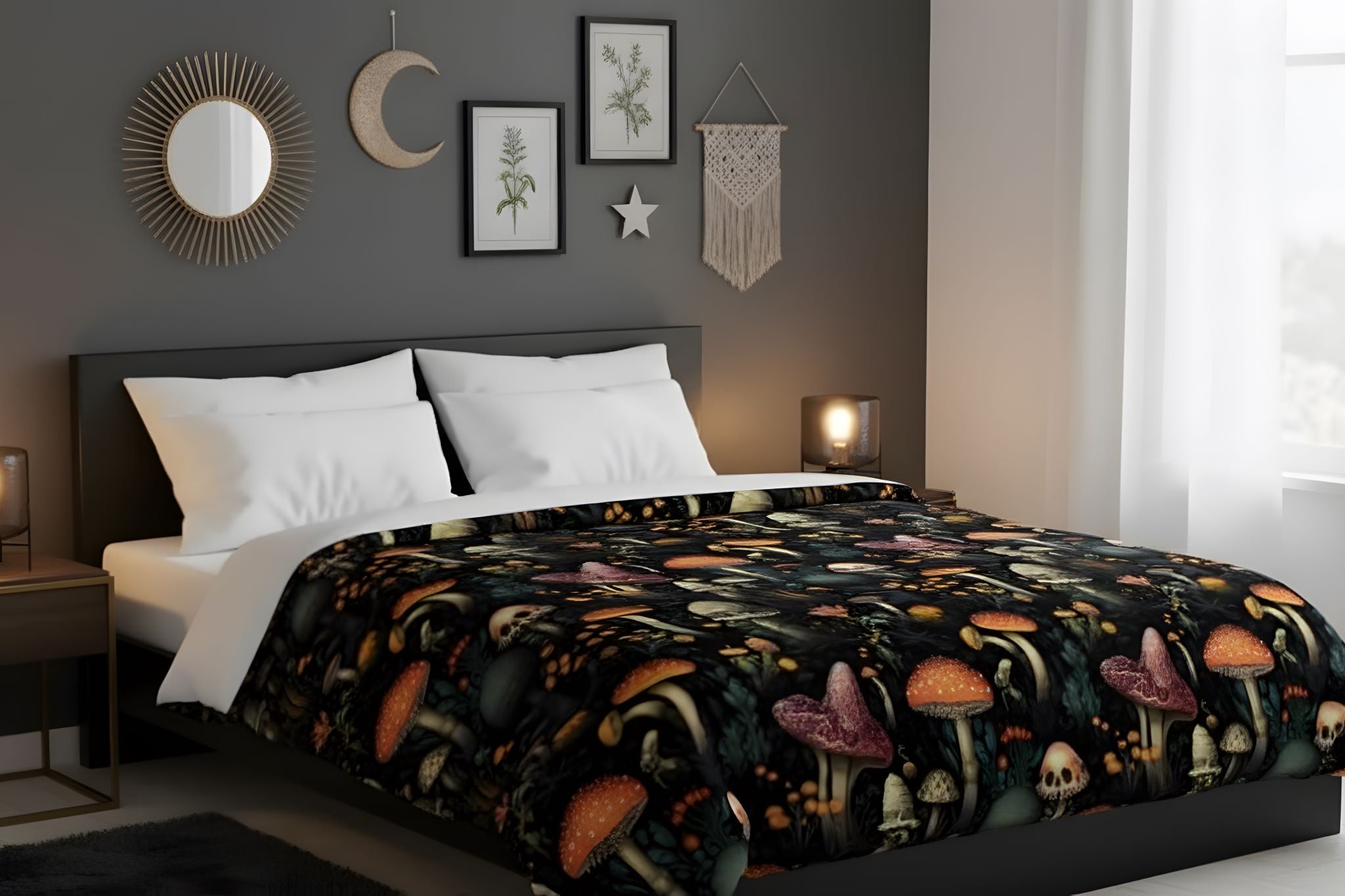 Gothic cottage duvet cover with dark mushroom print and woodland bedding style