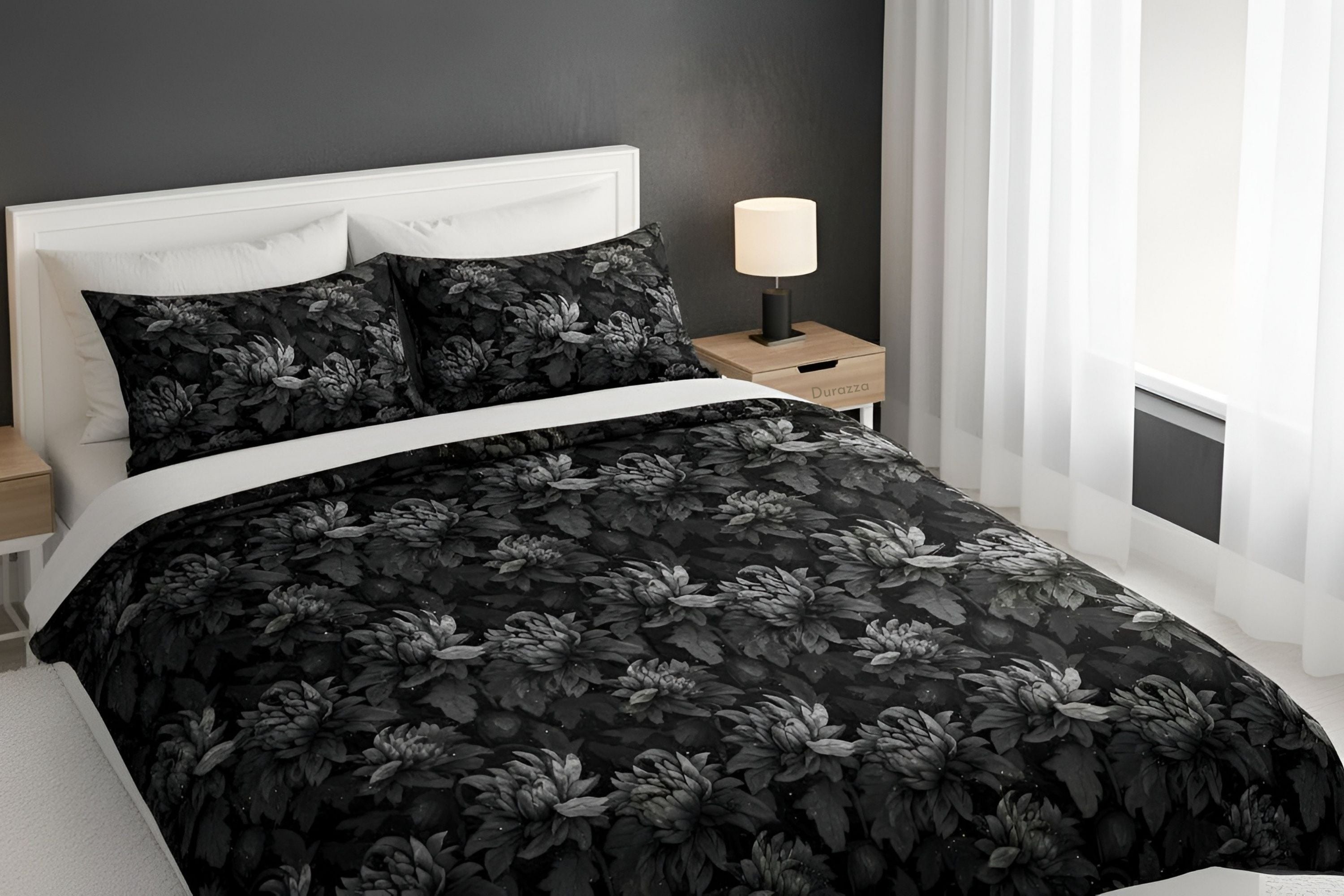 Black Floral Duvet Cover Queen/King | Midnight Dahlia - Durazza