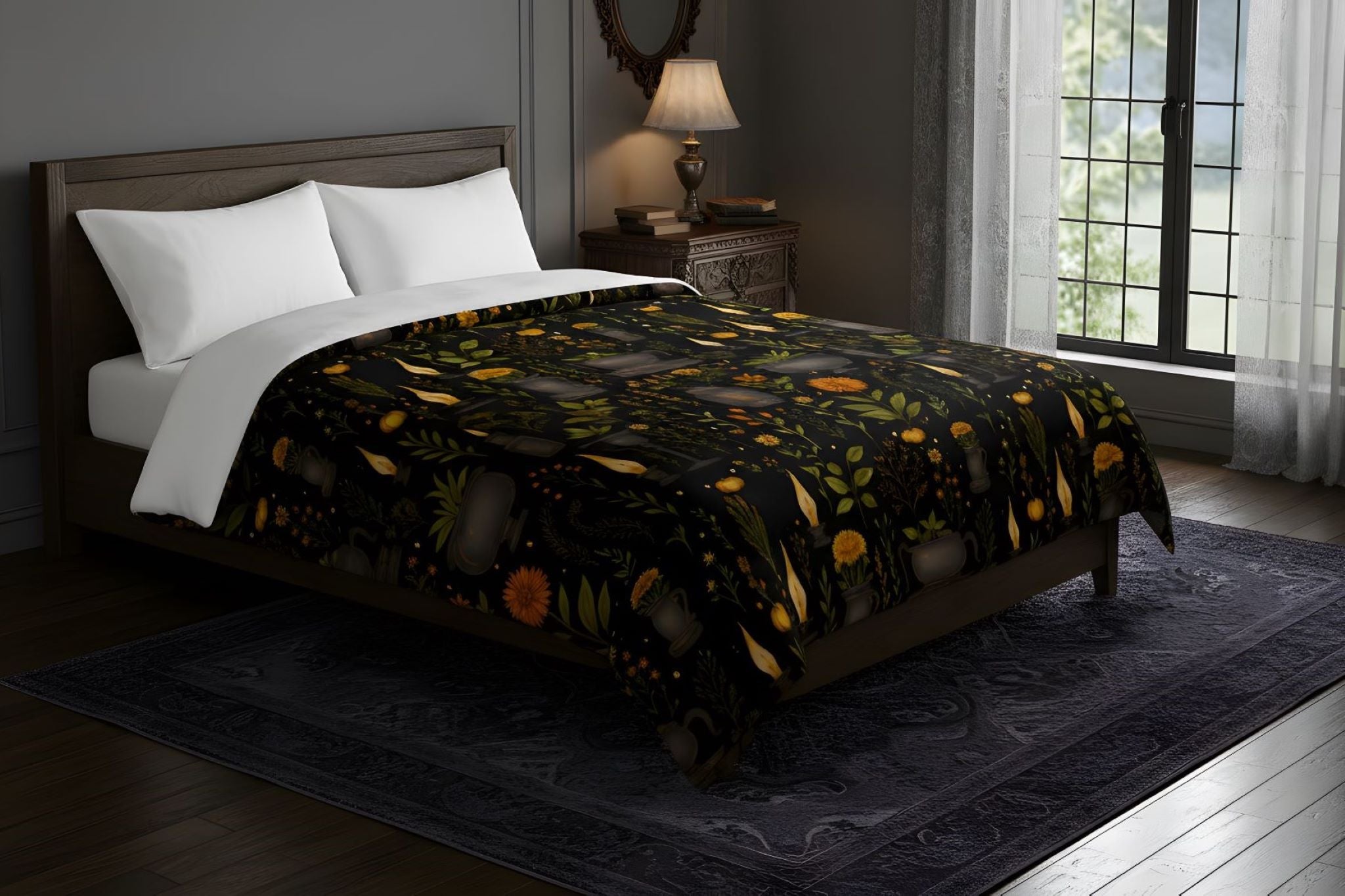 Whimsigoth bedding with herbs and candles in a gothic bedroom.