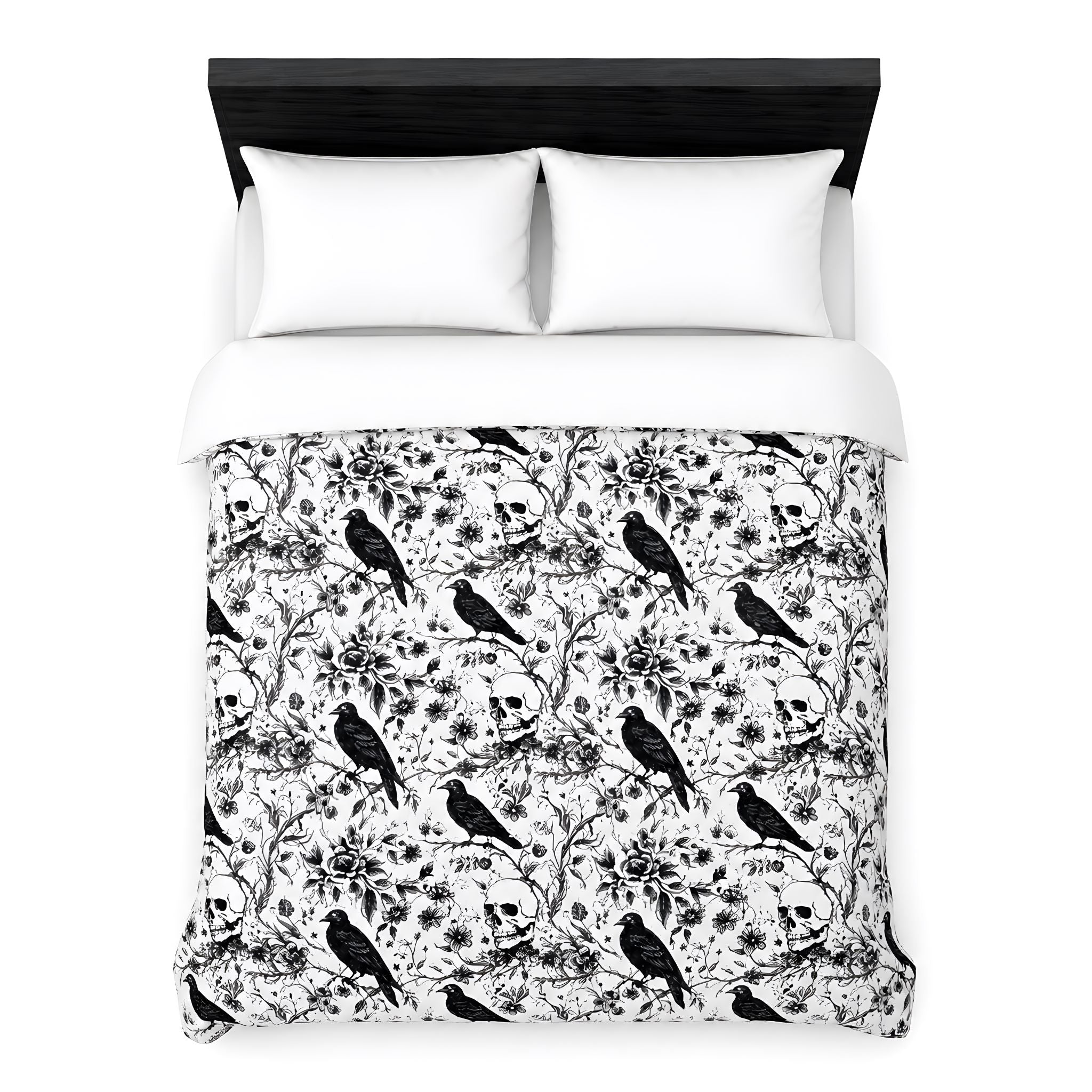 Flat lay of black bed with raven and skull duvet cover in black and white colors.