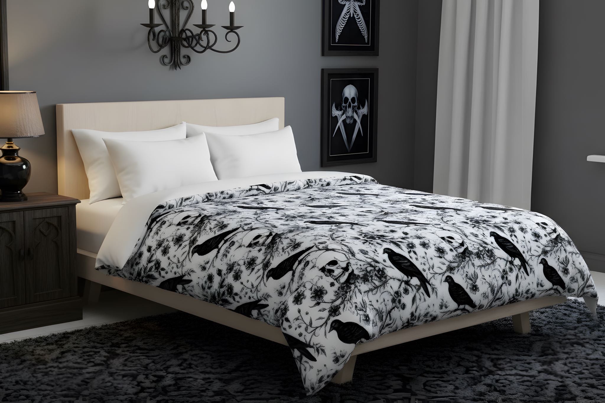Black Raven bedding with skulls on a white duvet cover in a gothic bedroom.