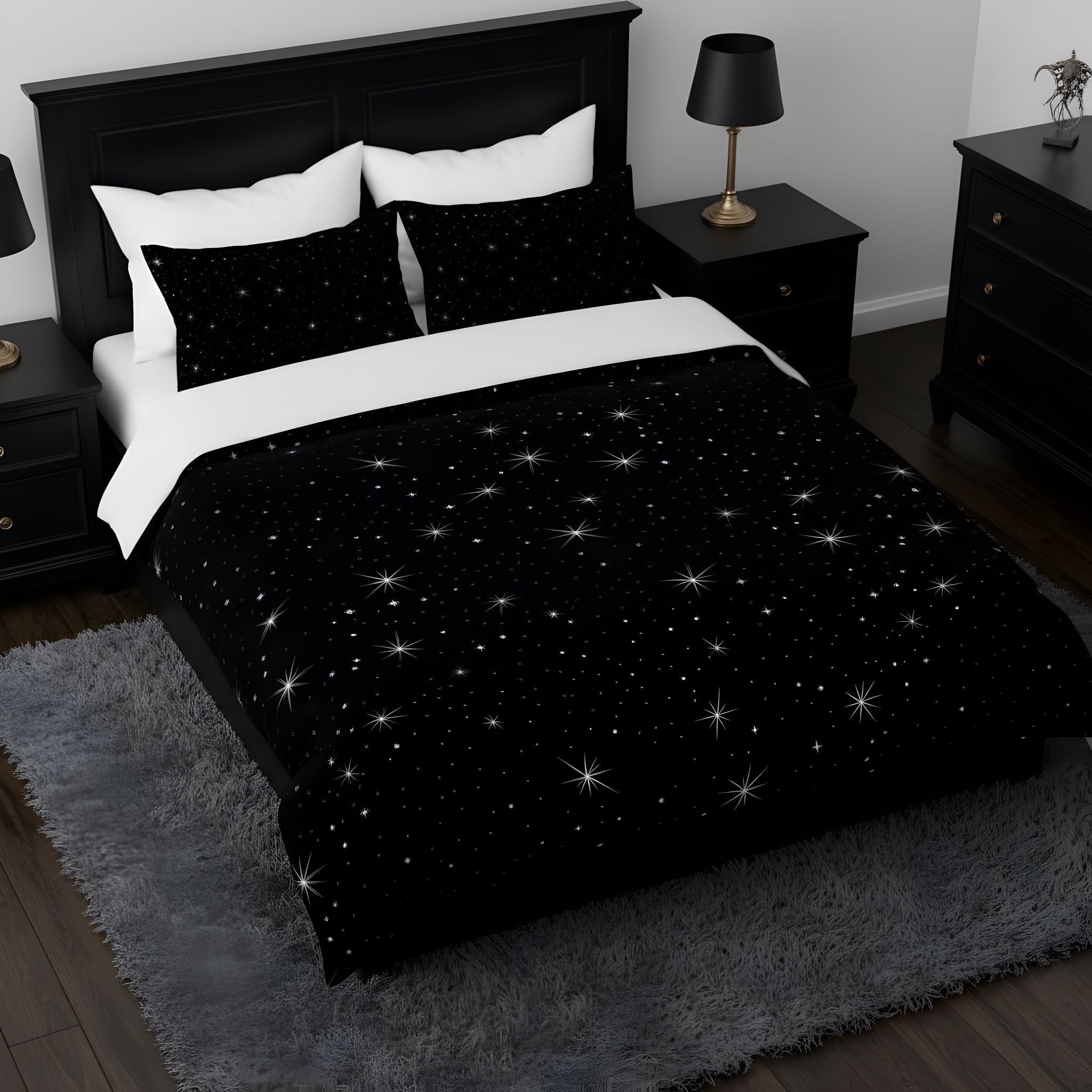 Black and white bedding including a duvet cover and matching pillow shams in a whimsigoth bedroom.