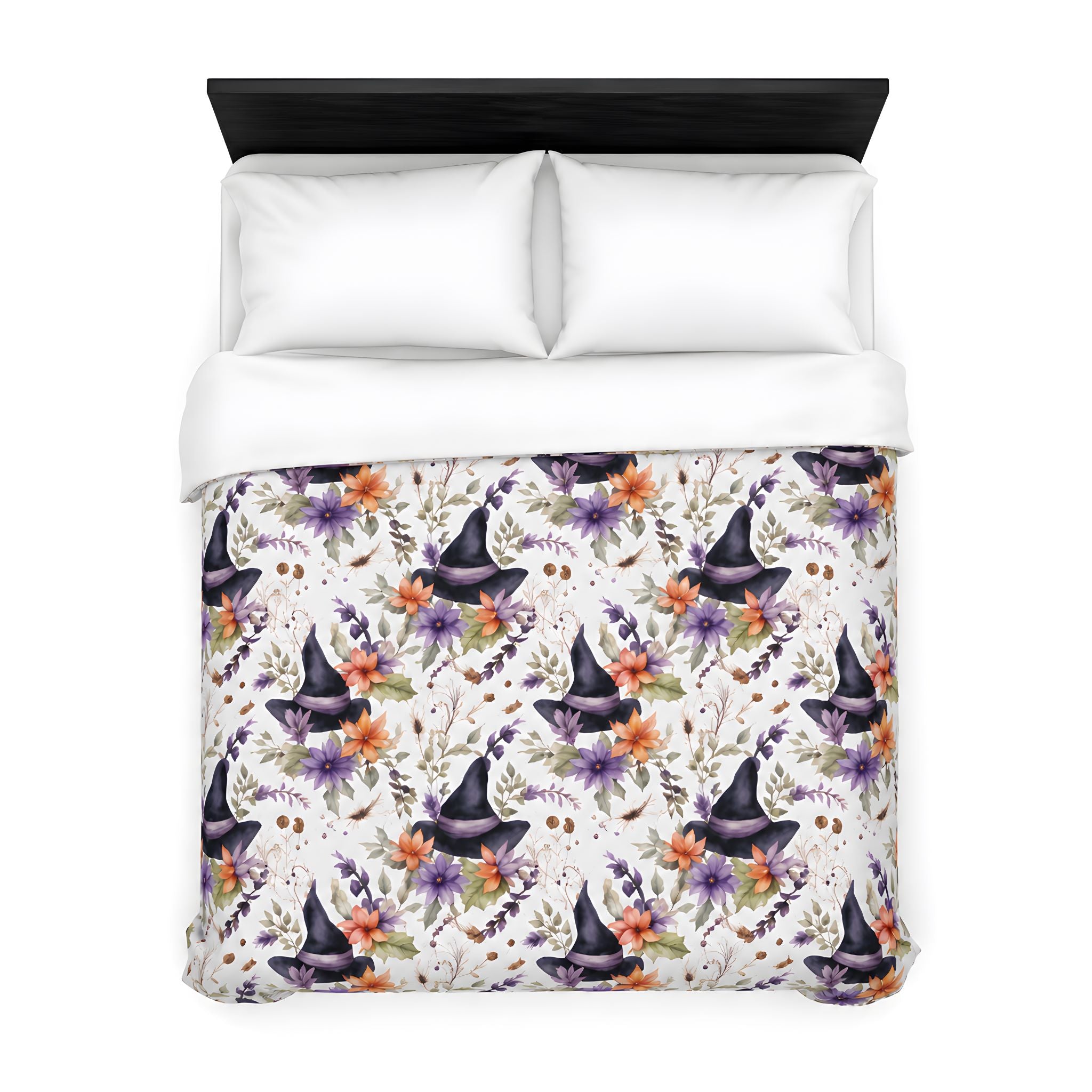 Witch hat duvet cover with purple and orange floral Halloween bedding on white cotton bed