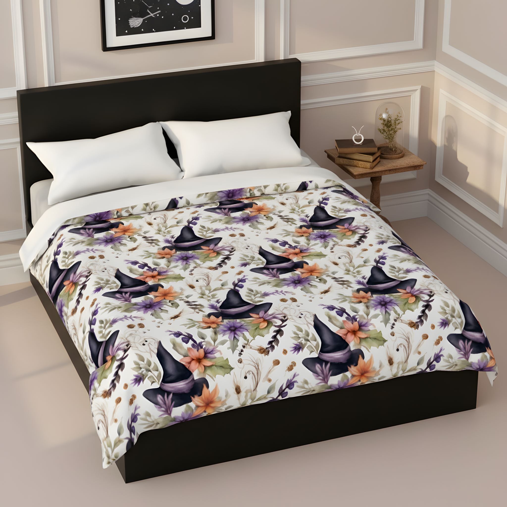 Floral witch hat duvet cover in Queen or King Halloween bedding with purple flowers