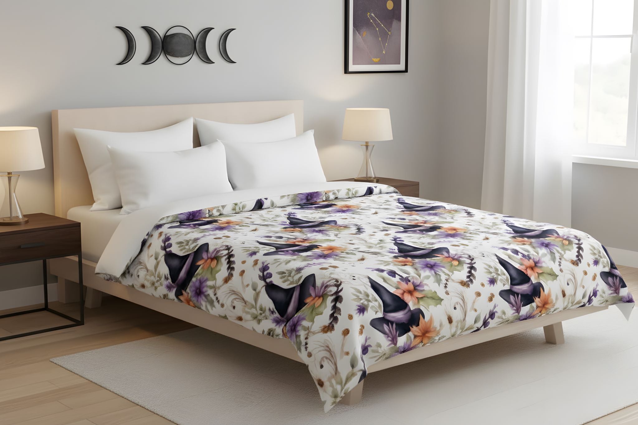 Witchy floral bedding with black hats, lavender flowers, and ivory cotton duvet cover in a whimsigoth bedroom.