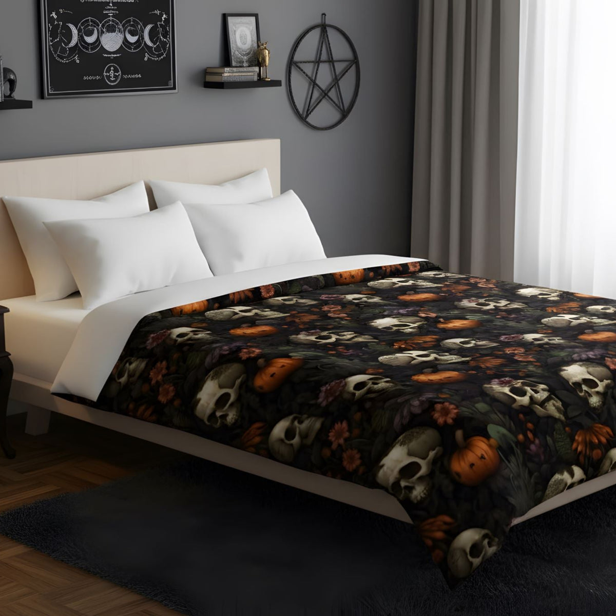 Spooky season Halloween duvet cover with pumpkins, flowers and skulls.