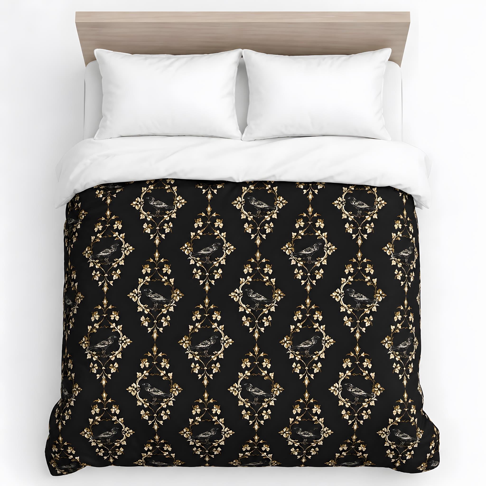 Flat lay view of gothic bedding with black ravens and a gold vintage pattern.
