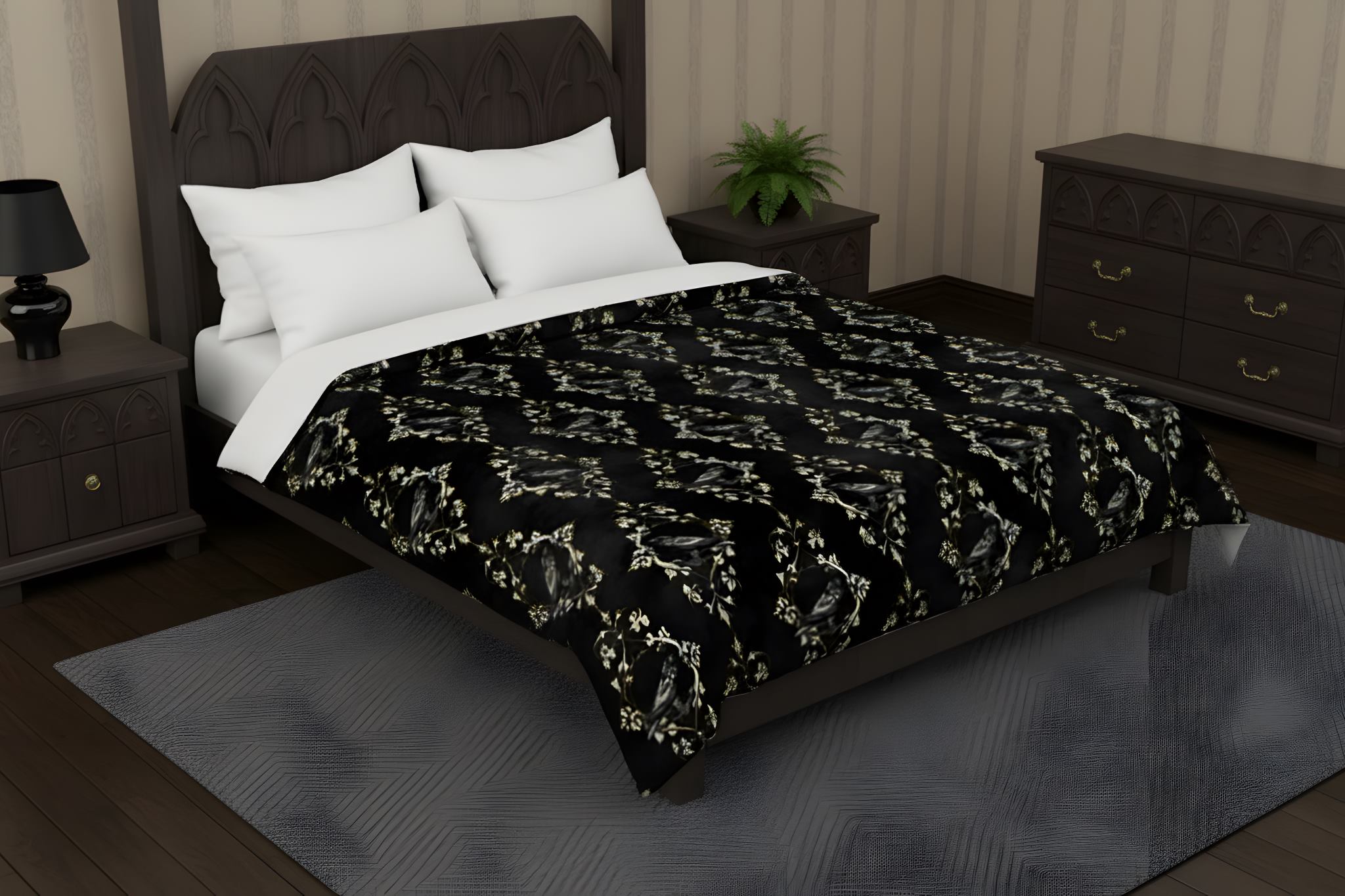 Black raven duvet cover for a moody, gothic bedroom.