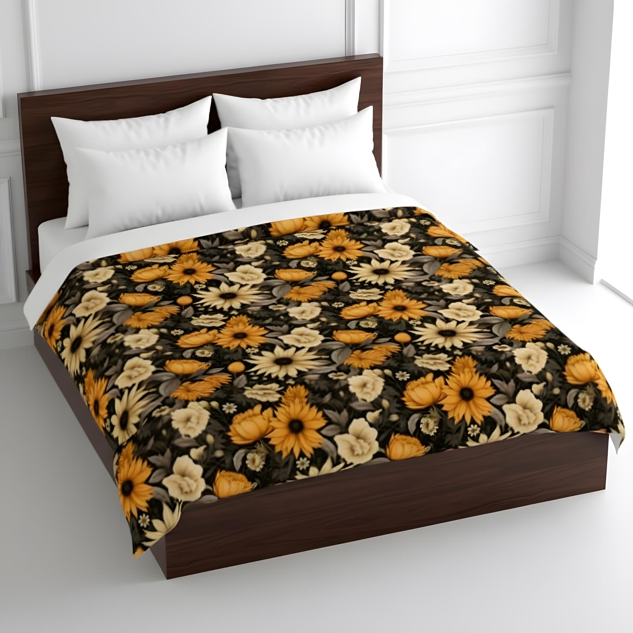 Sunflower duvet cover on a walnut bed in a white bedroom.