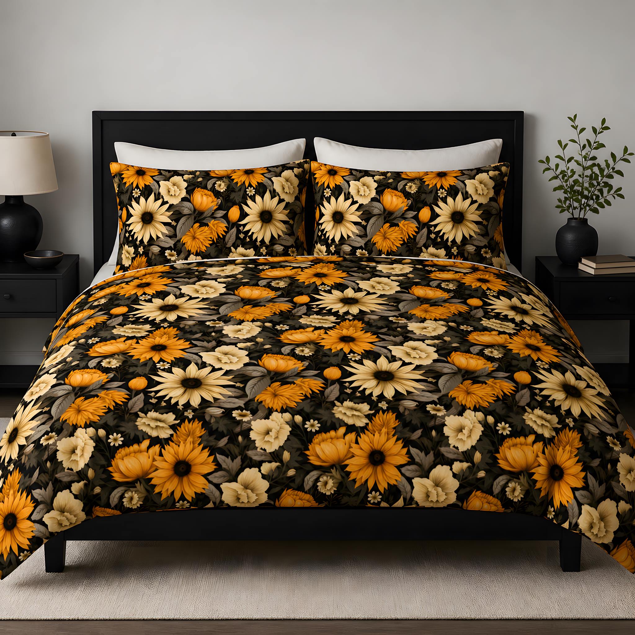Sunflower bedding set including a duvet cover and matching pillow shams in a moody bedroom.