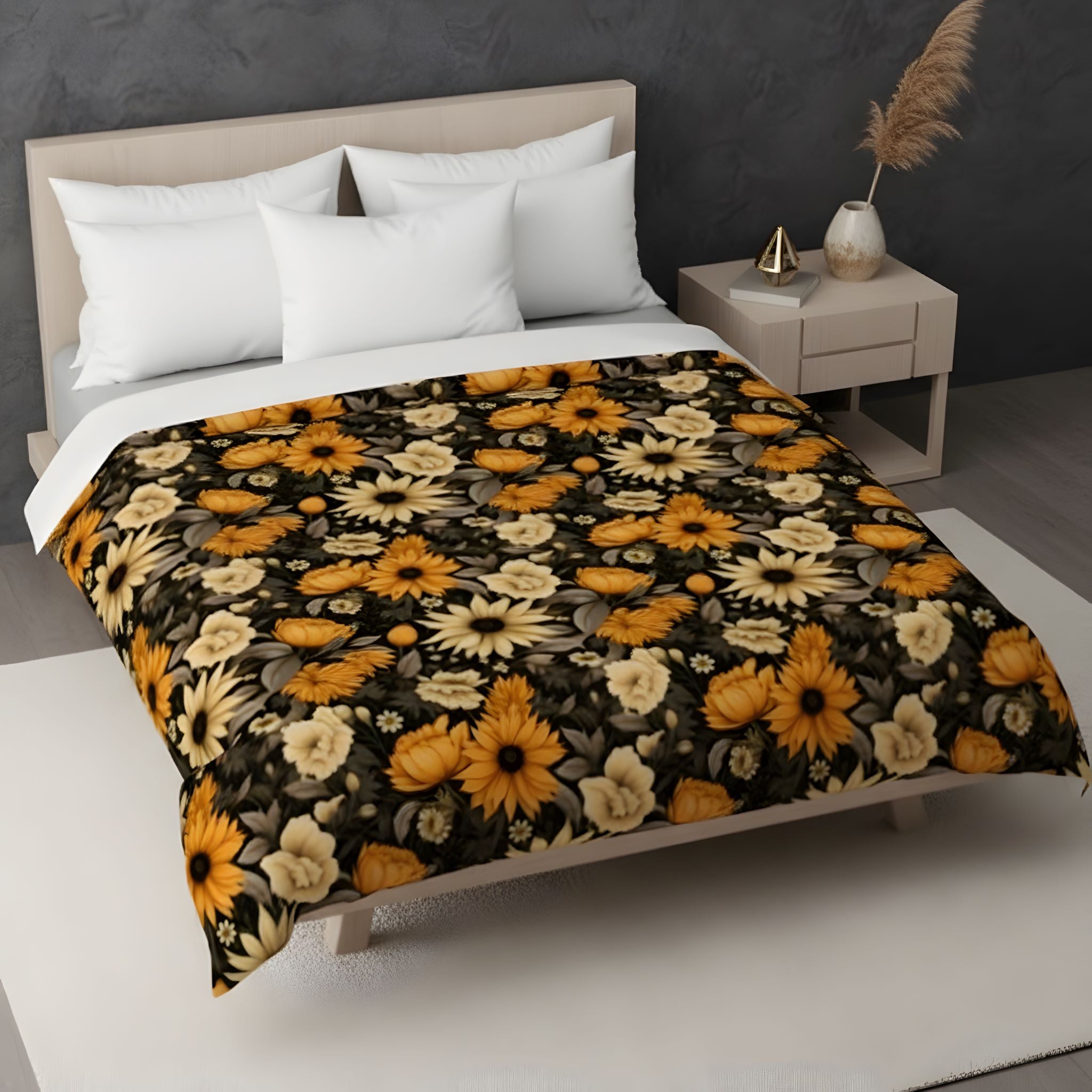 Sunflower duvet cover in a modern moody bedroom.