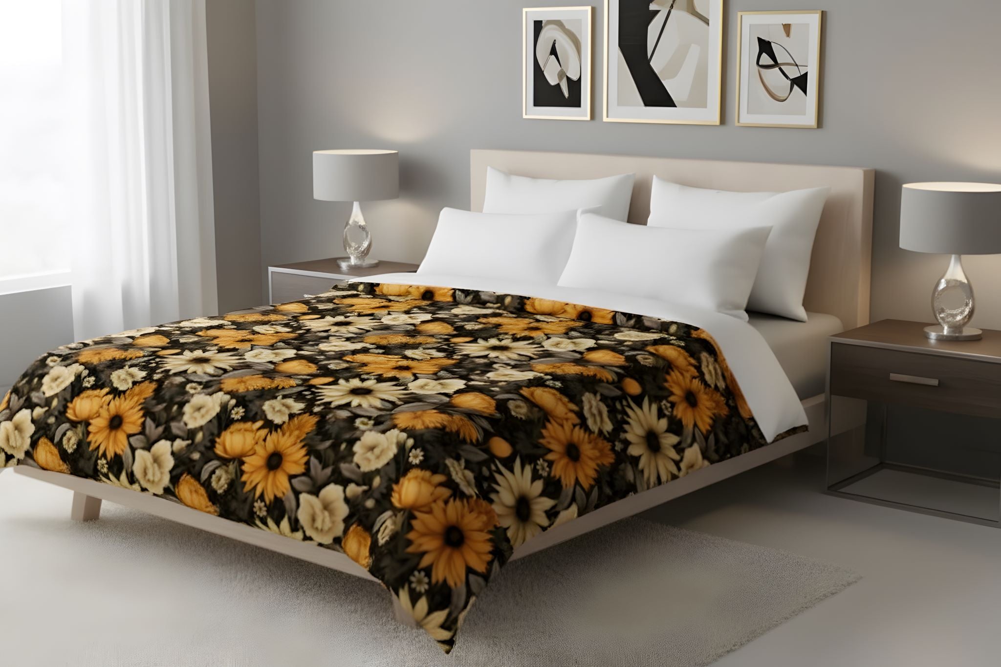 Sunflower with golden, amber and ivory flowers on a black duvet cover.