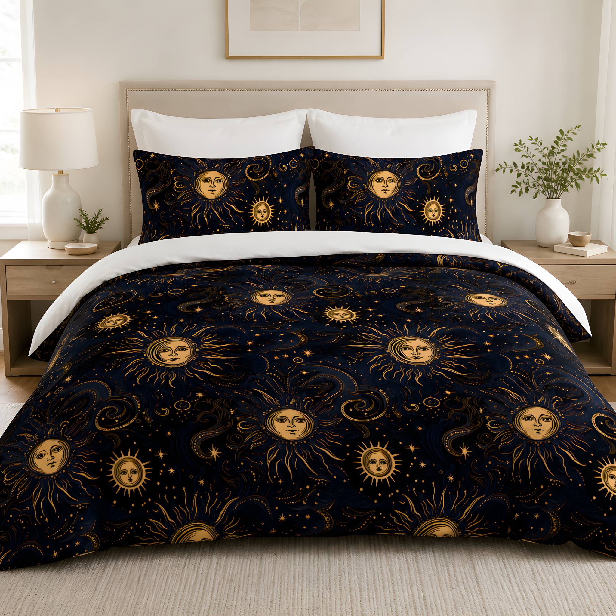 Whimsigothic sun and moon bedding set with matching celestial pillow shams.