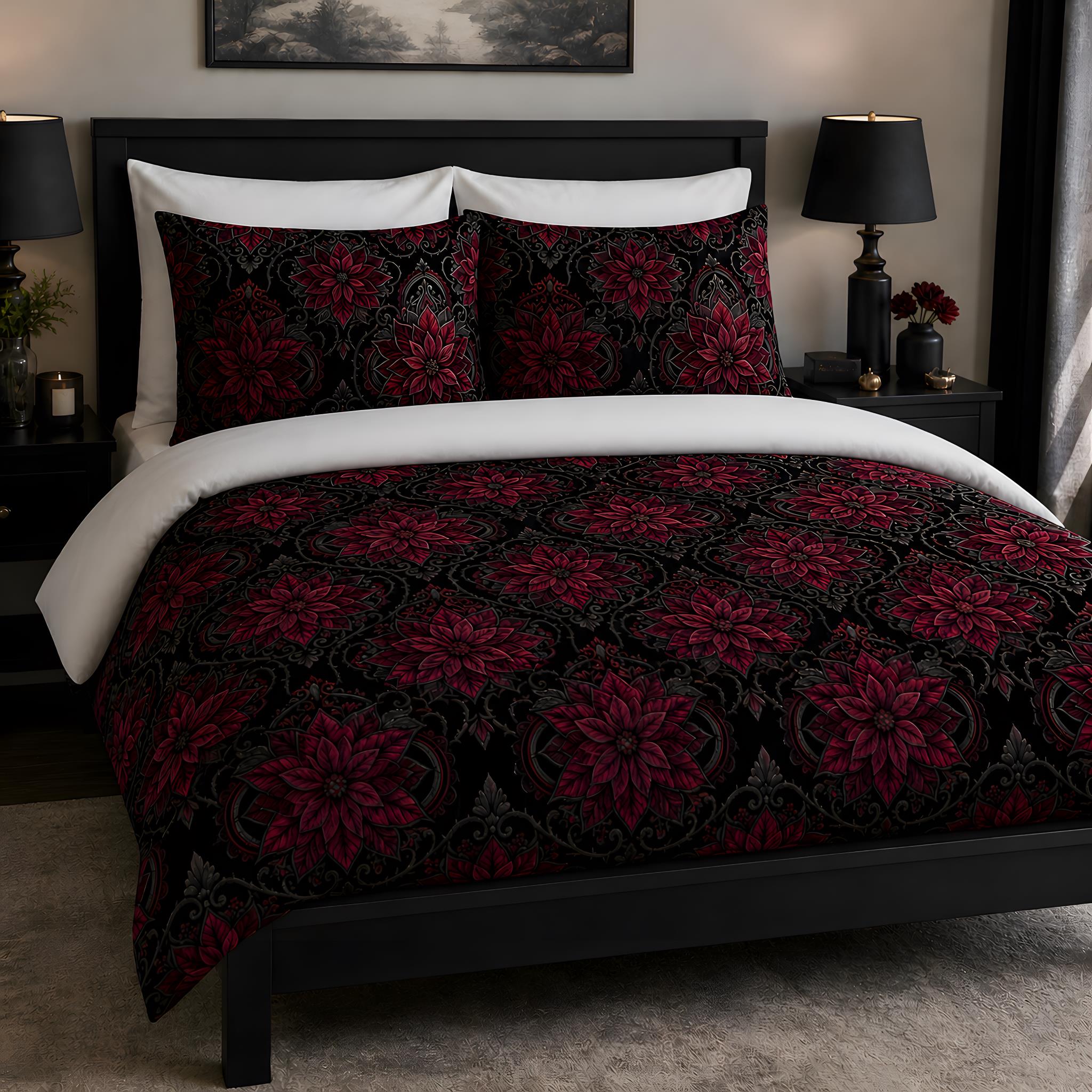 Gothic Christmas duvet set with matching pillow shams featuring a black and burgundy poinsettia design.
